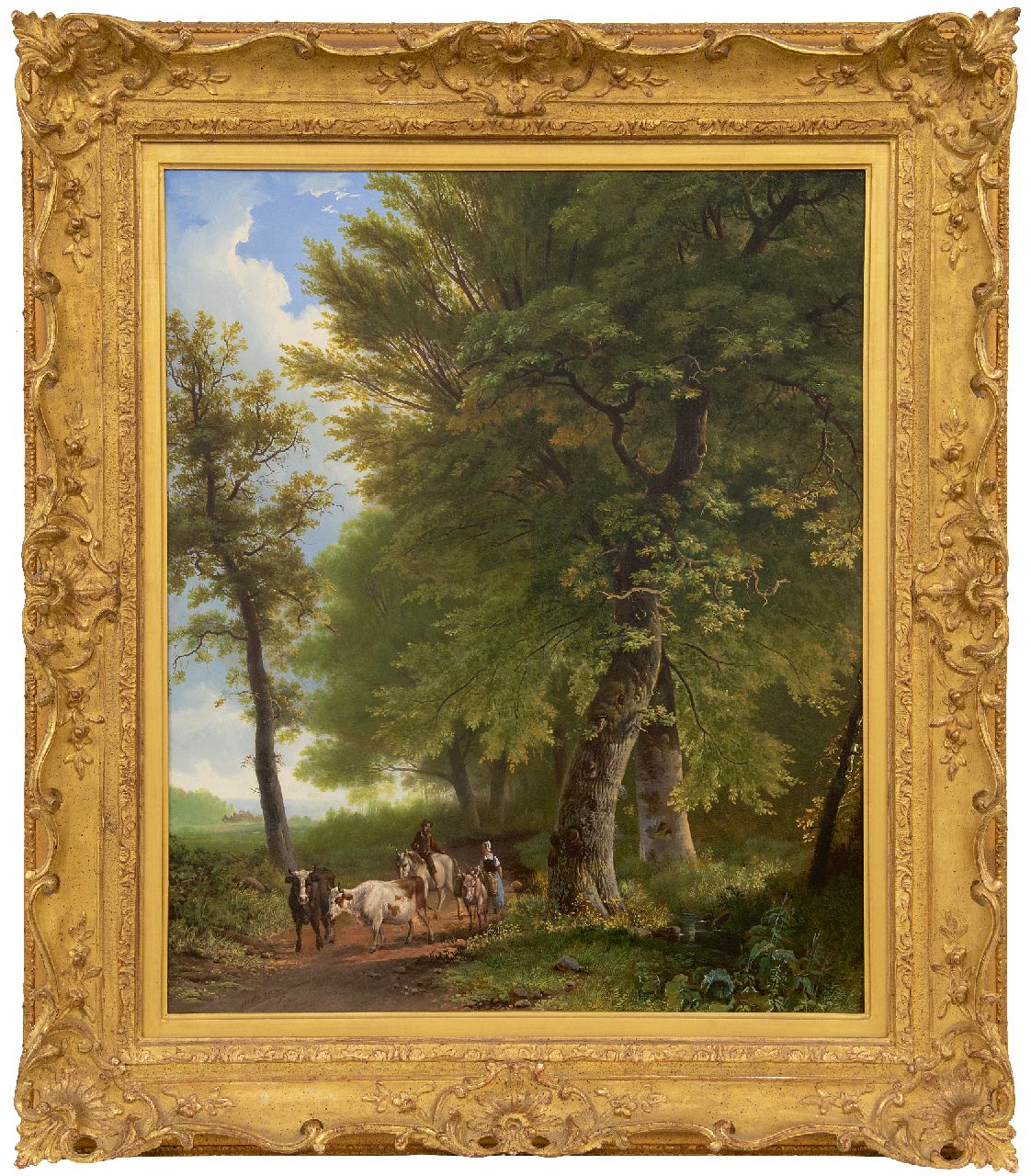 Bodeman W.  | Willem Bodeman | Schilderijen te koop aangeboden | Een boerin met vee en een reiziger op een bospad, olieverf op paneel 58,8 x 49,0 cm, gesigneerd linksonder