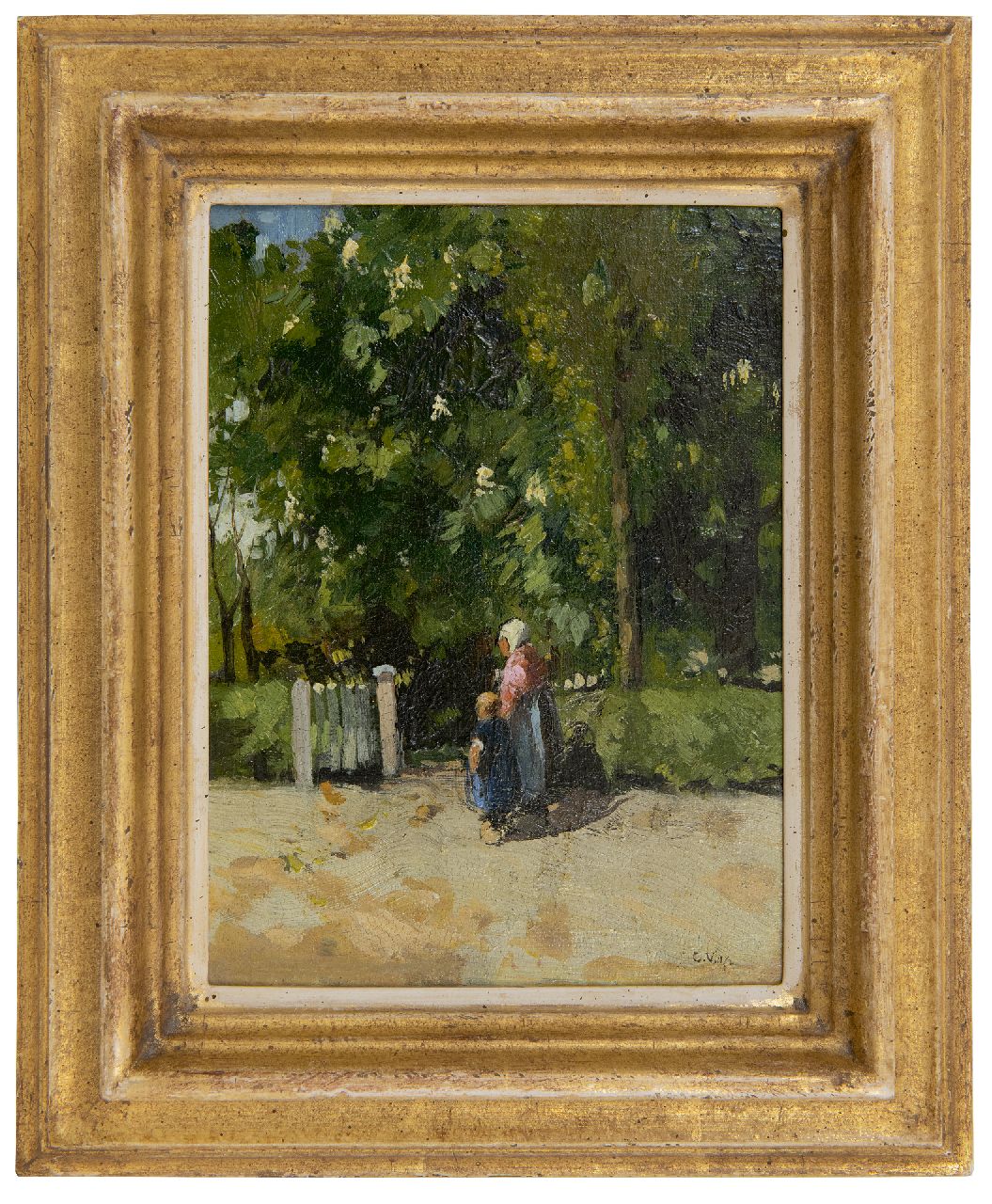 Vreedenburgh C.  | Cornelis Vreedenburgh | Schilderijen te koop aangeboden | Moeder en kind bij tuinhekje, olieverf op doek 21,4 x 16,2 cm, gesigneerd rechtsonder met initialen en gedateerd '07