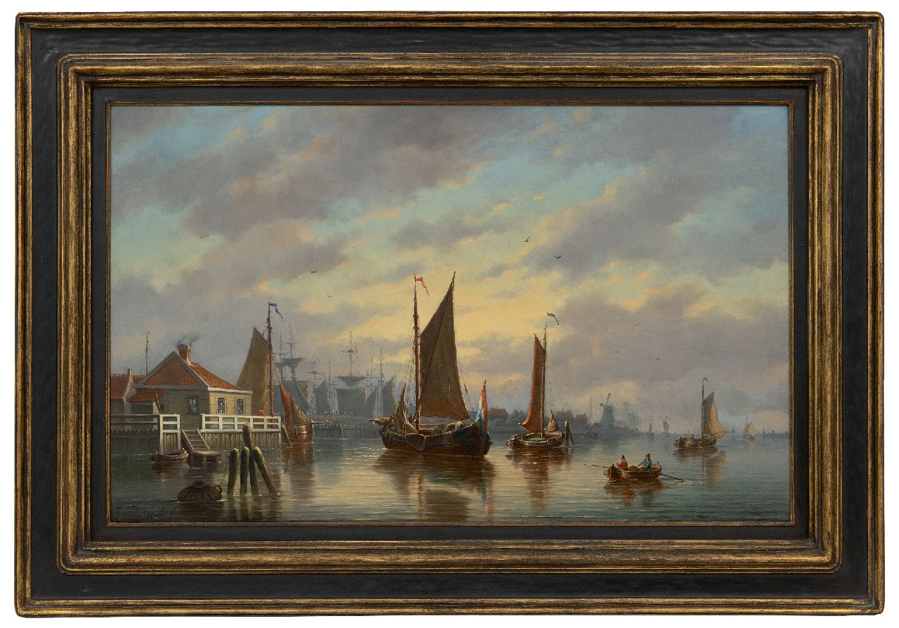 Hilverdink J.  | Johannes Hilverdink | Schilderijen te koop aangeboden | Zeilschepen bij een stadshaven, olieverf op paneel 39,3 x 61,5 cm, gesigneerd linksonder