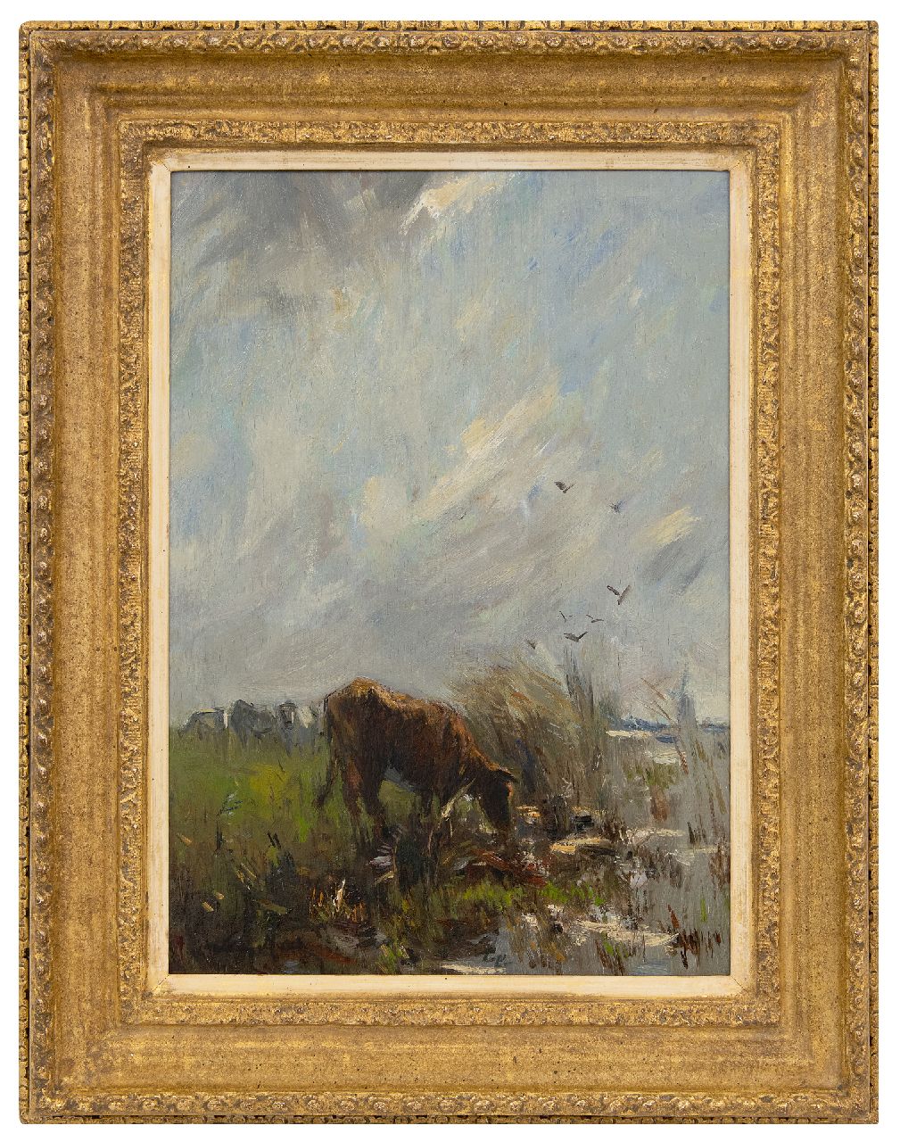 Maris W.  | Willem Maris | Schilderijen te koop aangeboden | Grazende koeien bij het water, olieverf op paneel 38,0 x 27,2 cm, gesigneerd linksonder