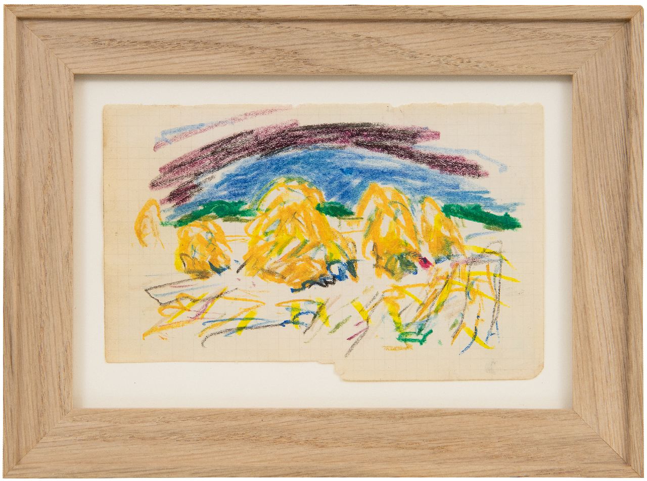 Altink J.  | Jan Altink, Landschap met hooioppers, krijt op papier 10,5 x 16,5 cm, gesigneerd rechtsonder met initialen en verkocht