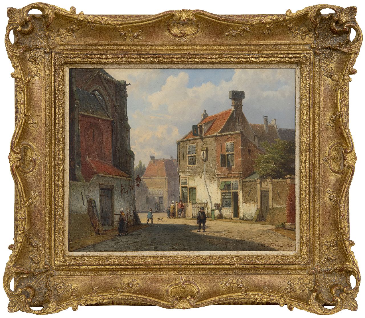 Koekkoek W.  | Willem Koekkoek | Schilderijen te koop aangeboden | Zonnig dorpsstraatje met figuren, olieverf op paneel 28,7 x 35,7 cm, gesigneerd rechtsonder en gedateerd 1861