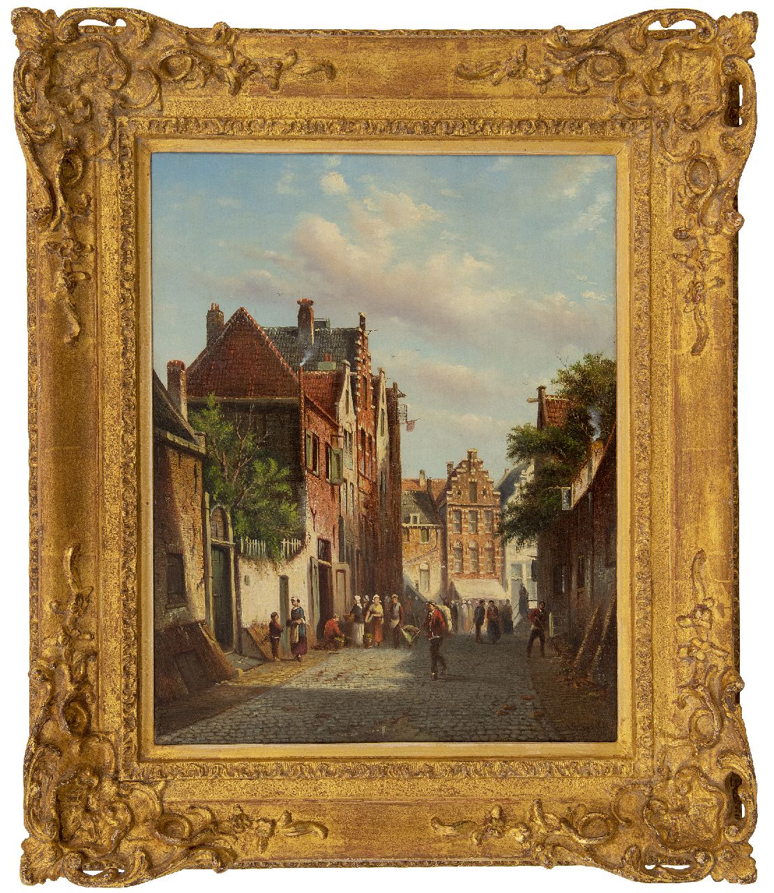 Spohler J.F.  | Johannes Franciscus Spohler | Schilderijen te koop aangeboden | Bedrijvigheid in een zonovergoten straat, olieverf op doek 44,3 x 35,3 cm, gesigneerd rechtsonder