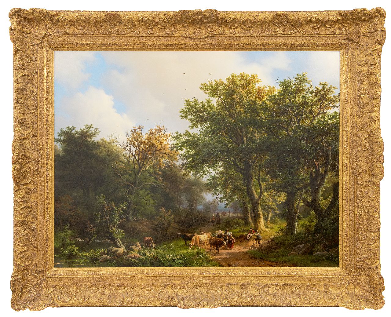 Koekkoek B.C.  | Barend Cornelis Koekkoek | Schilderijen te koop aangeboden | Zomers bosgezicht met vee en figuren, olieverf op paneel 69,1 x 90,2 cm, gesigneerd rechtsonder en gedateerd 1853