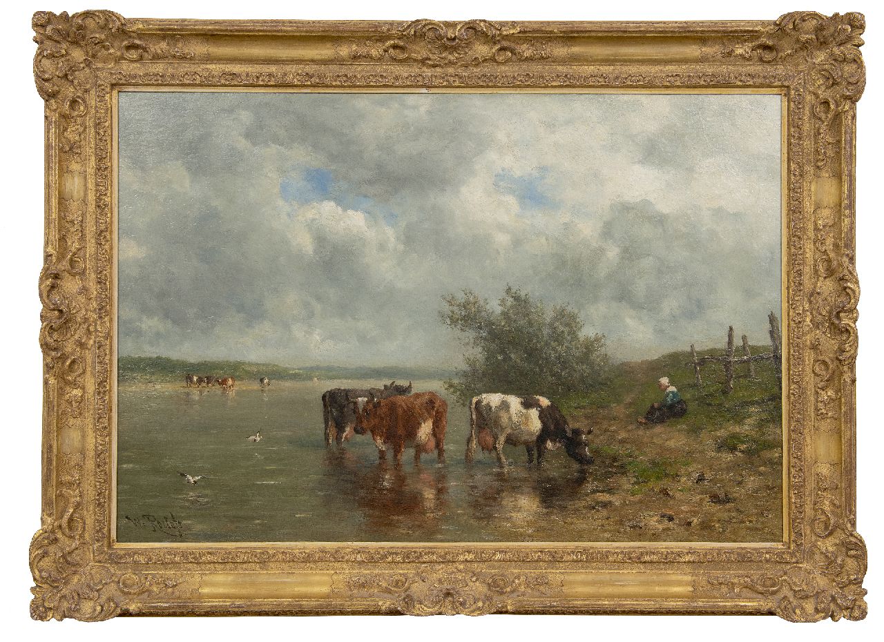 Roelofs W.  | Willem Roelofs | Schilderijen te koop aangeboden | Rivierlandschap met drinkende koeien, olieverf op doek 69,1 x 106,9 cm, gesigneerd linksonder