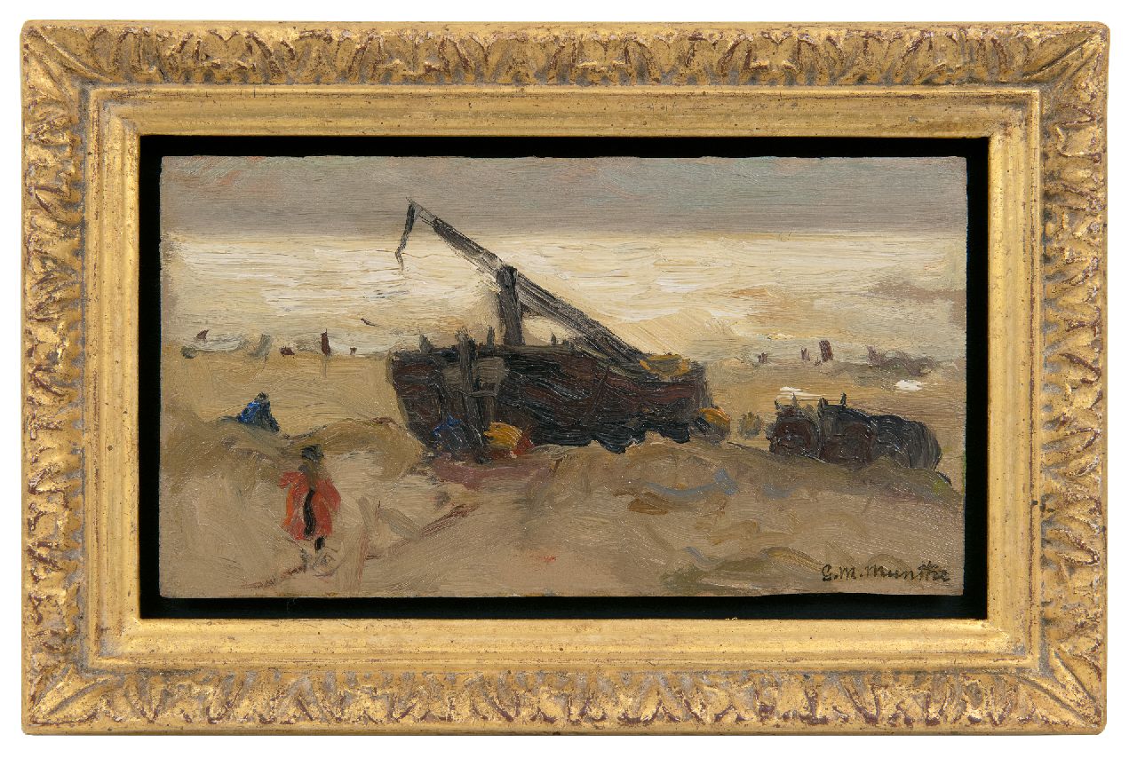 Munthe G.A.L.  | Gerhard Arij Ludwig 'Morgenstjerne' Munthe | Schilderijen te koop aangeboden | Bomschuit op het strand, olieverf op paneel 12,4 x 22,4 cm, gesigneerd rechtsonder