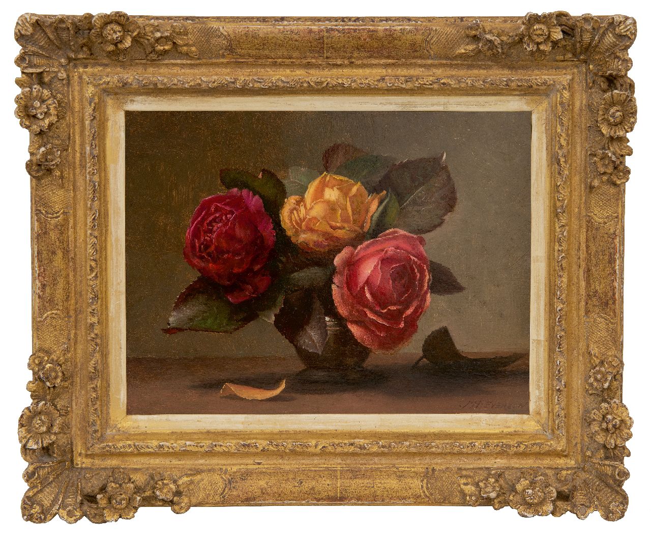 Eversen J.H.  | Johannes Hendrik 'Jan' Eversen | Schilderijen te koop aangeboden | Rozen in een tinnen vaasje, olieverf op paneel 18,2 x 24,1 cm, gesigneerd rechtsonder