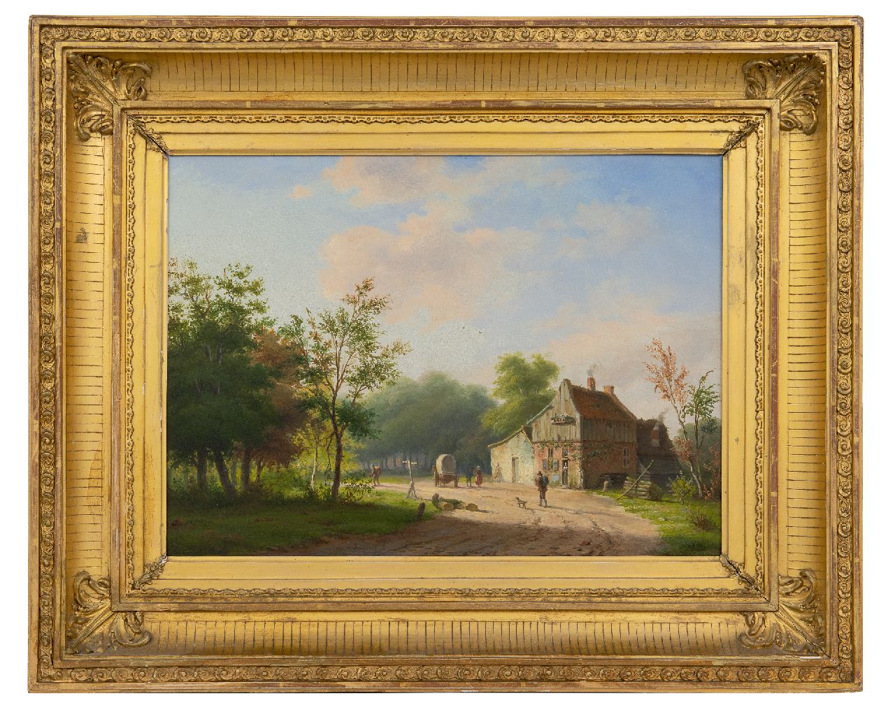Koekkoek I M.A.  | Marinus Adrianus Koekkoek I | Schilderijen te koop aangeboden | Landweg met boerenhuis en figuren, olieverf op paneel 28,3 x 38,8 cm, gesigneerd middenonder
