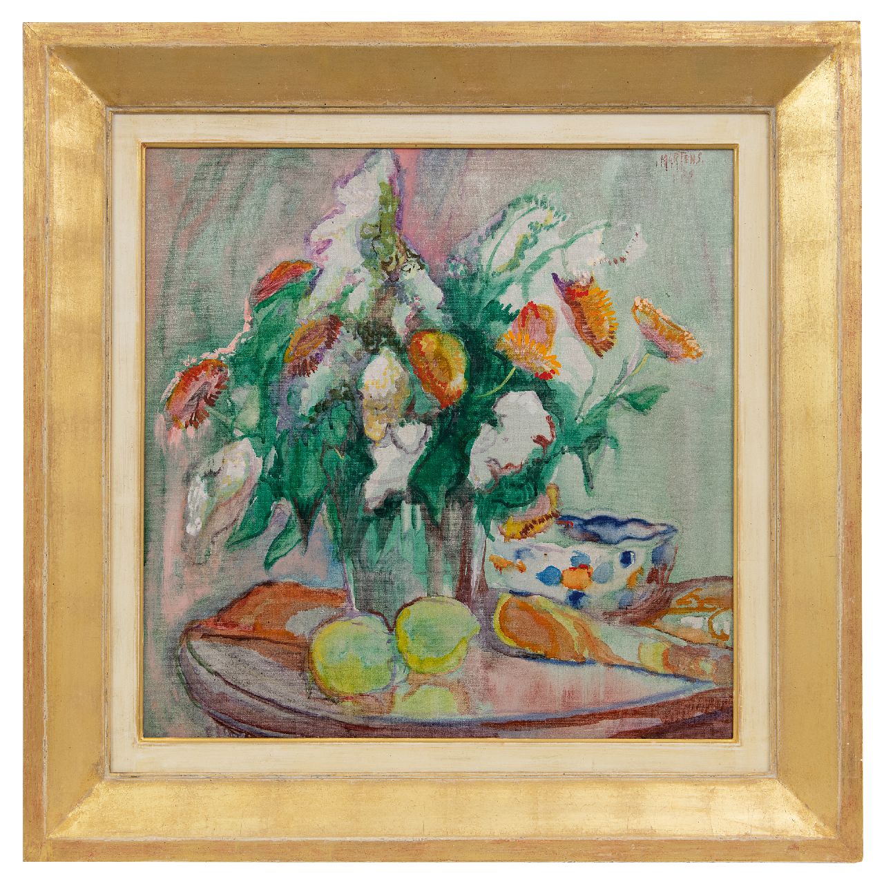 Martens G.G.  | Gijsbert 'George' Martens | Schilderijen te koop aangeboden | Bloemstilleven met citroenen, benzinerel en wasverf op doek 50,3 x 50,3 cm, gesigneerd rechtsboven