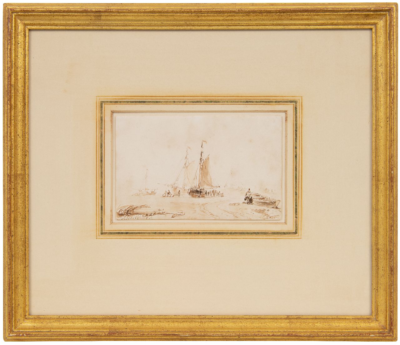 Schelfhout A.  | Andreas Schelfhout, Vissers en bomschuiten op het strand, sepia op papier 9,0 x 14,0 cm, gesigneerd linksonder