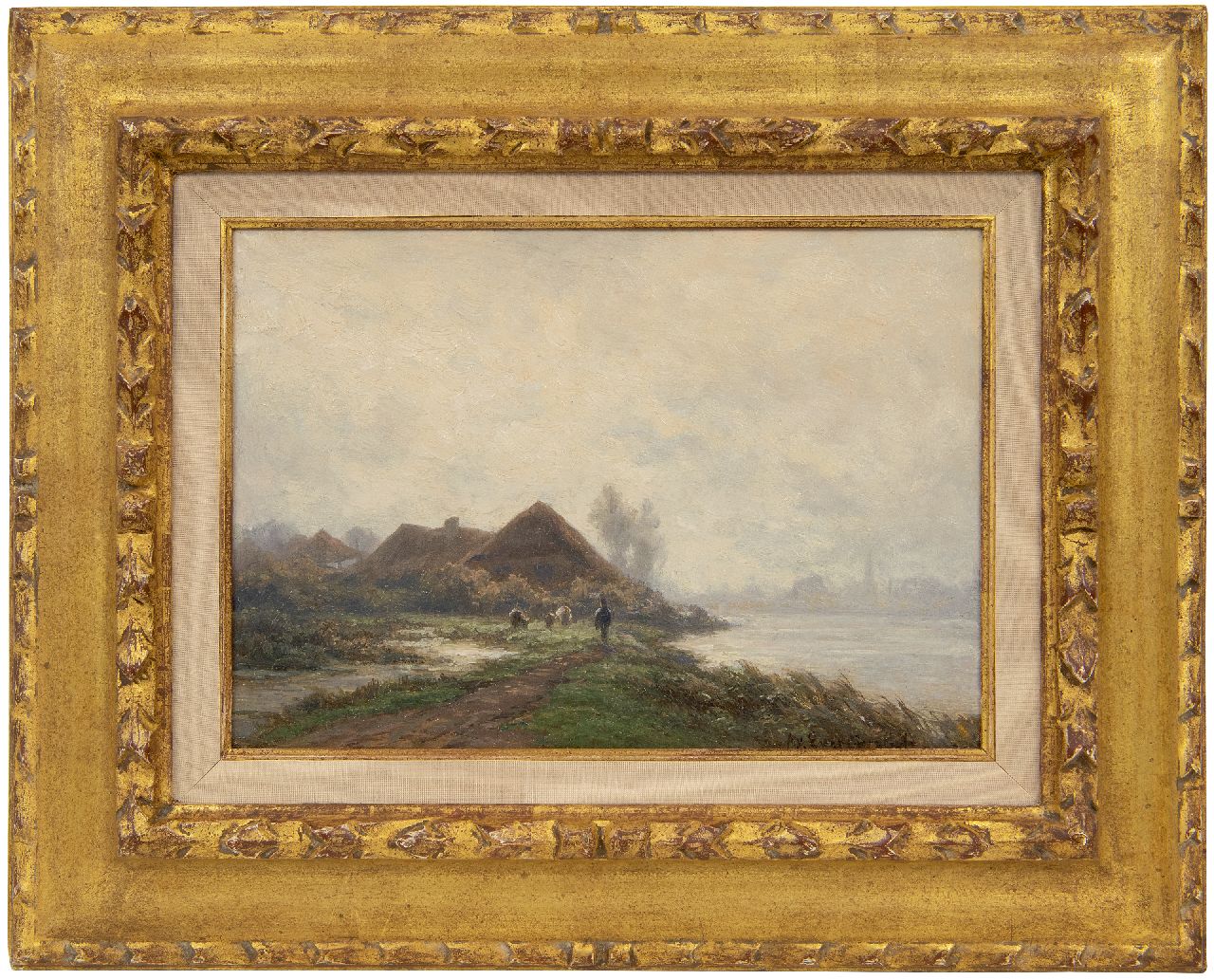Everdingen A. van | Adrianus van Everdingen | Schilderijen te koop aangeboden | Langs de rivier, olieverf op paneel 17,0 x 24,4 cm, gesigneerd rechtsonder