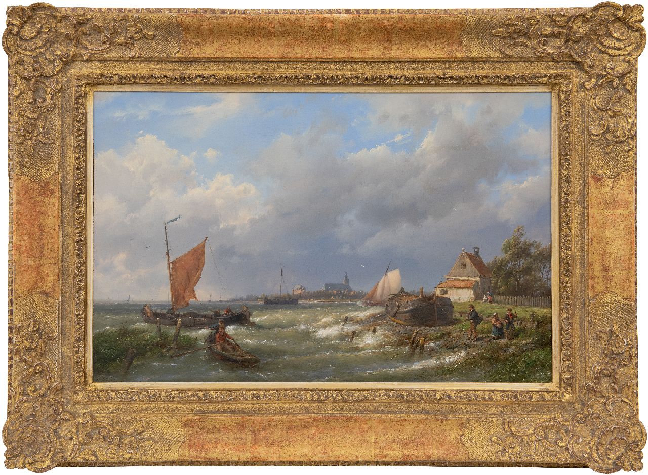 Koekkoek H.  | Hermanus Koekkoek, Een stevige bries aan Hollandse kust met dorp in het verschiet, olieverf op doek 37,0 x 57,7 cm, gesigneerd linksonder
