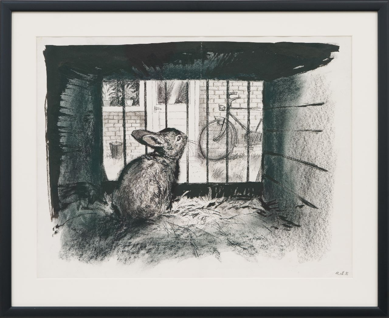 Poortvliet R. | Rien Poortvliet, Konijntje in hok, houtskool en inkt op papier 50,0 x 64,8 cm Poortvliet R. | Rien Poortvliet, Konijntje in hok, houtskool en inkt op papier 50,0 x 64,8 cm