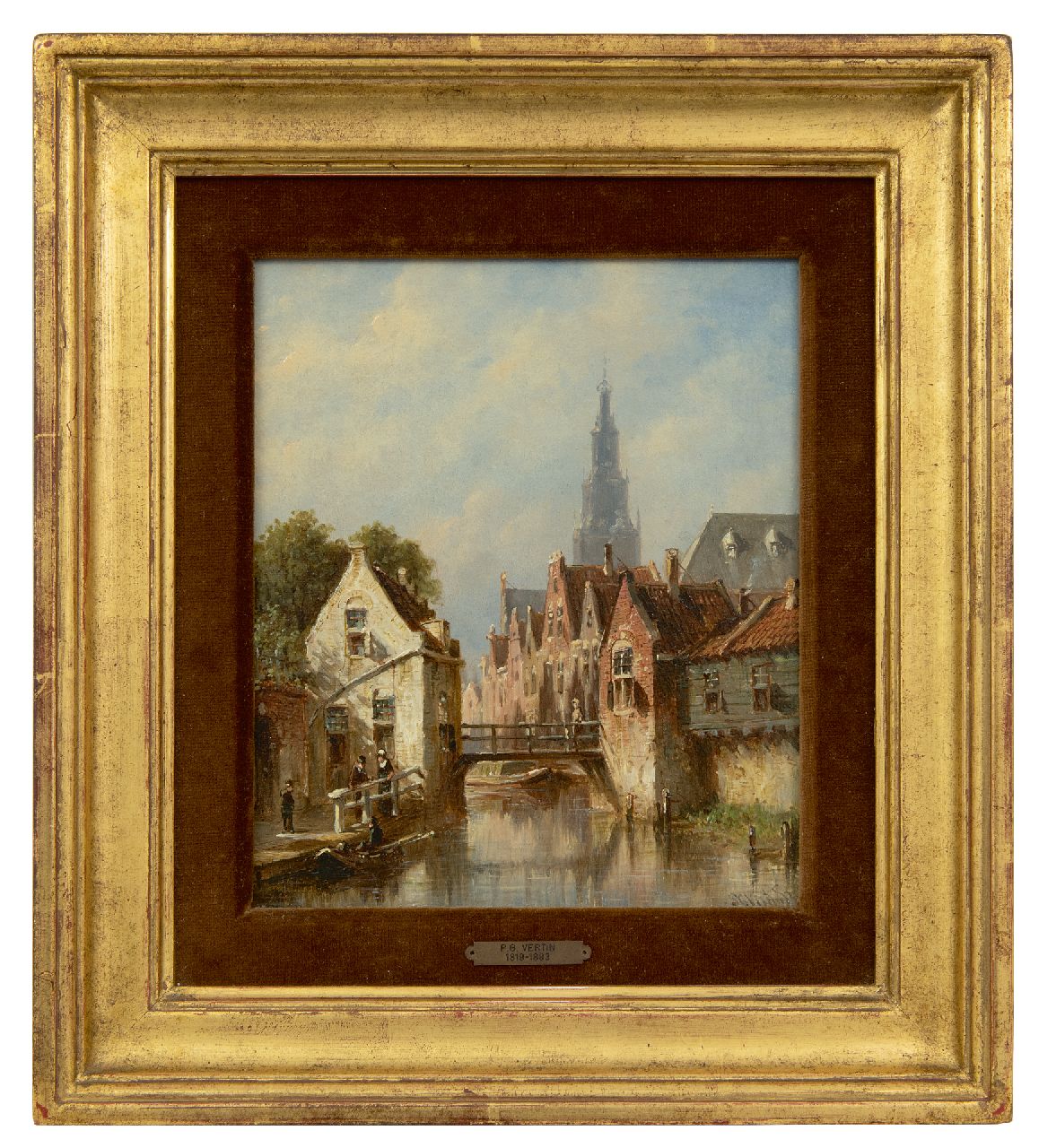 Vertin P.G.  | Petrus Gerardus Vertin | Schilderijen te koop aangeboden | Zonnig stadsgrachtje, de Alkmaarse Waagtoren op de achtergrond, olieverf op paneel 22,7 x 19,4 cm, gesigneerd rechtsonder en verso gedateerd 1881