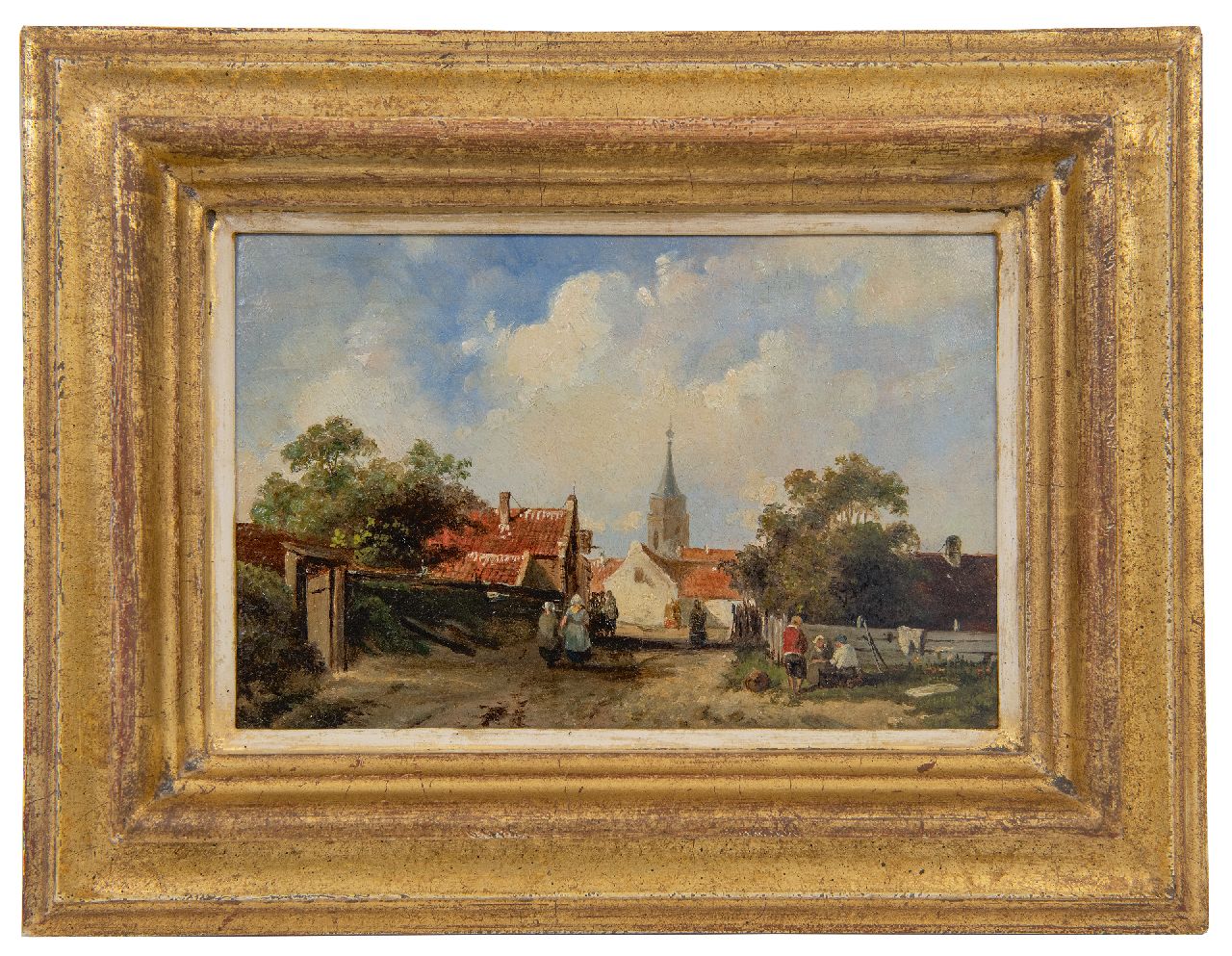 Leickert C.H.J.  | 'Charles' Henri Joseph Leickert | Schilderijen te koop aangeboden | Gezicht in een Hollands dorpje, olieverf op paneel 12,8 x 18,9 cm, gesigneerd rechtsonder met initialen