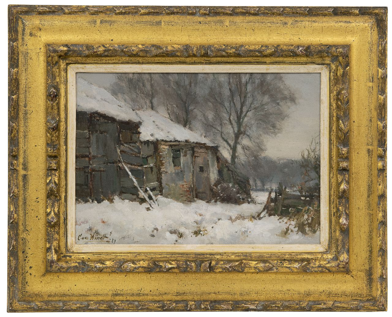 Windt Ch. van der | Christophe 'Chris' van der Windt | Schilderijen te koop aangeboden | Boerderij in de sneeuw, olieverf op doek op paneel 21,5 x 29,8 cm, gesigneerd linksonder en gedateerd '39