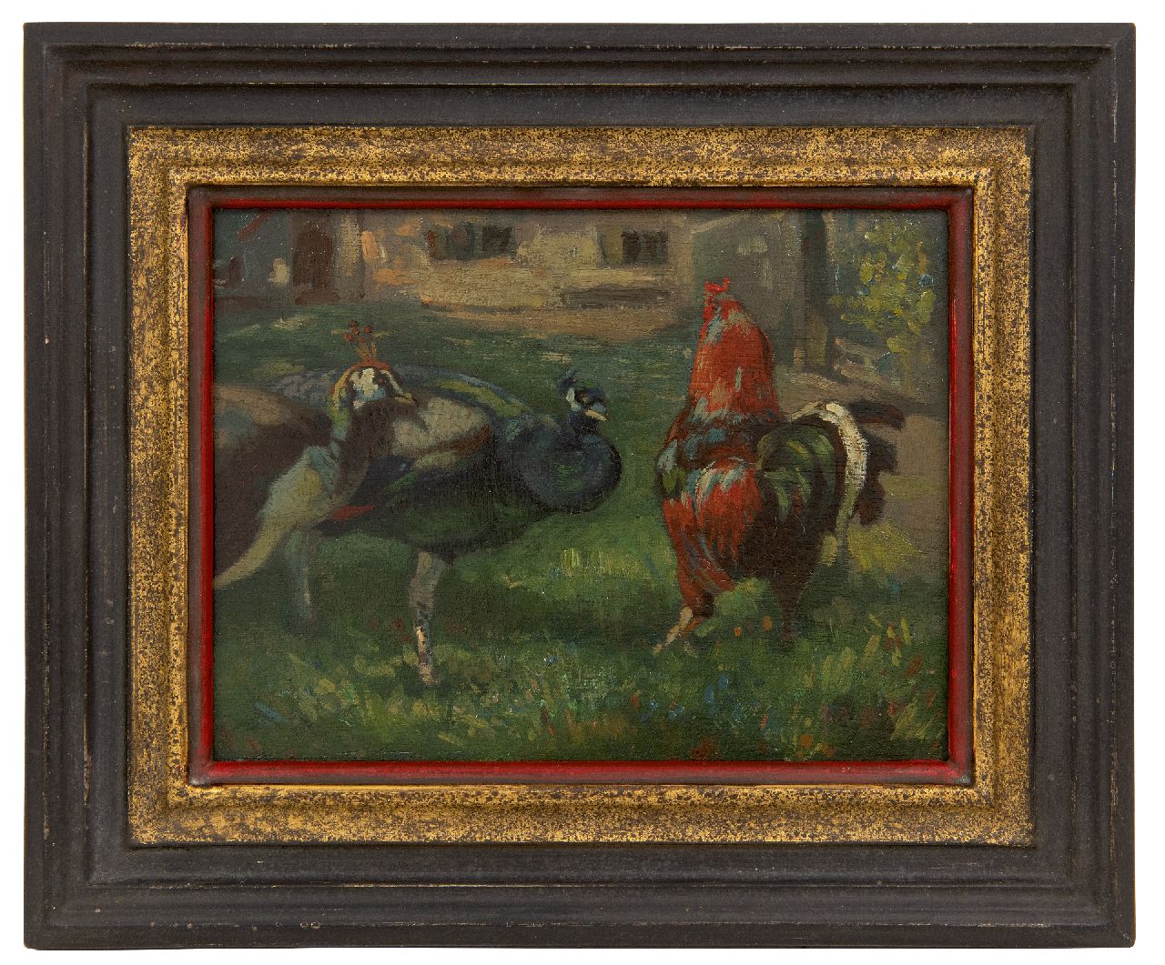 Moor P.C. de | Pieter Cornelis de Moor, Twee pauwen en een haan, olieverf op paneel 18,0 x 24,0 cm, gesigneerd rechtsonder Moor P.C. de | Pieter Cornelis de Moor, Twee pauwen en een haan, olieverf op paneel 18,0 x 24,0 cm, gesigneerd rechtsonder