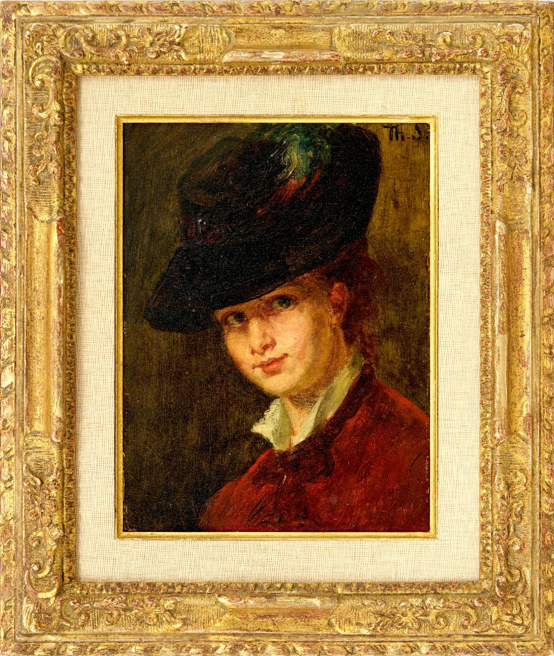 Schwartze T. | Thérèse Schwartze, Portret van Lizzy Ansingh met hoed, olieverf op paneel 24,0 x 17,9 cm, gesigneerd rechtsboven met initialen Schwartze T. | Thérèse Schwartze, Portret van Lizzy Ansingh met hoed, olieverf op paneel 24,0 x 17,9 cm, gesigneerd rechtsboven met initialen