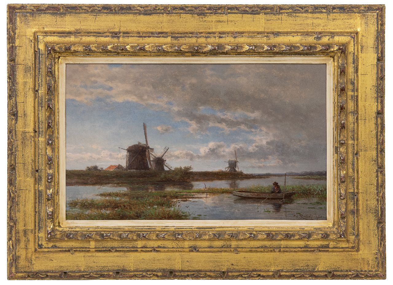 Roelofs W.  | Willem Roelofs | Schilderijen te koop aangeboden | Polderlandschap met molens en een hengelaar, olieverf op paneel 24,3 x 40,4 cm, gesigneerd rechtsonder en gedateerd '56