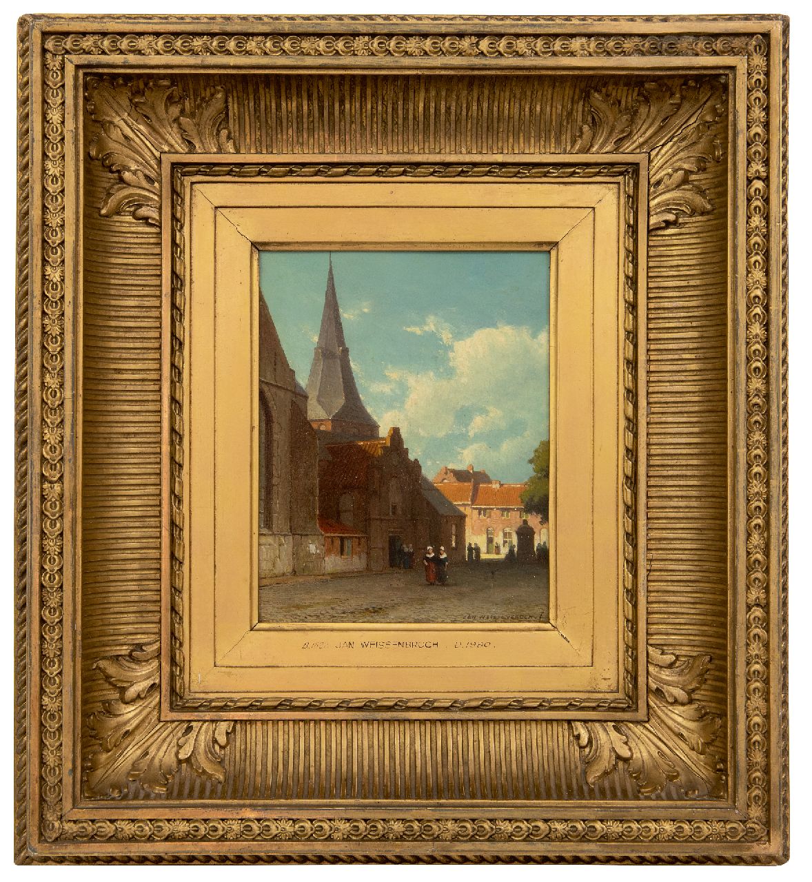 Weissenbruch J.  | Johannes 'Jan' Weissenbruch | Schilderijen te koop aangeboden | Wandelende figuren in een zonnig stadje, olieverf op paneel 19,0 x 14,9 cm, gesigneerd rechtsonder