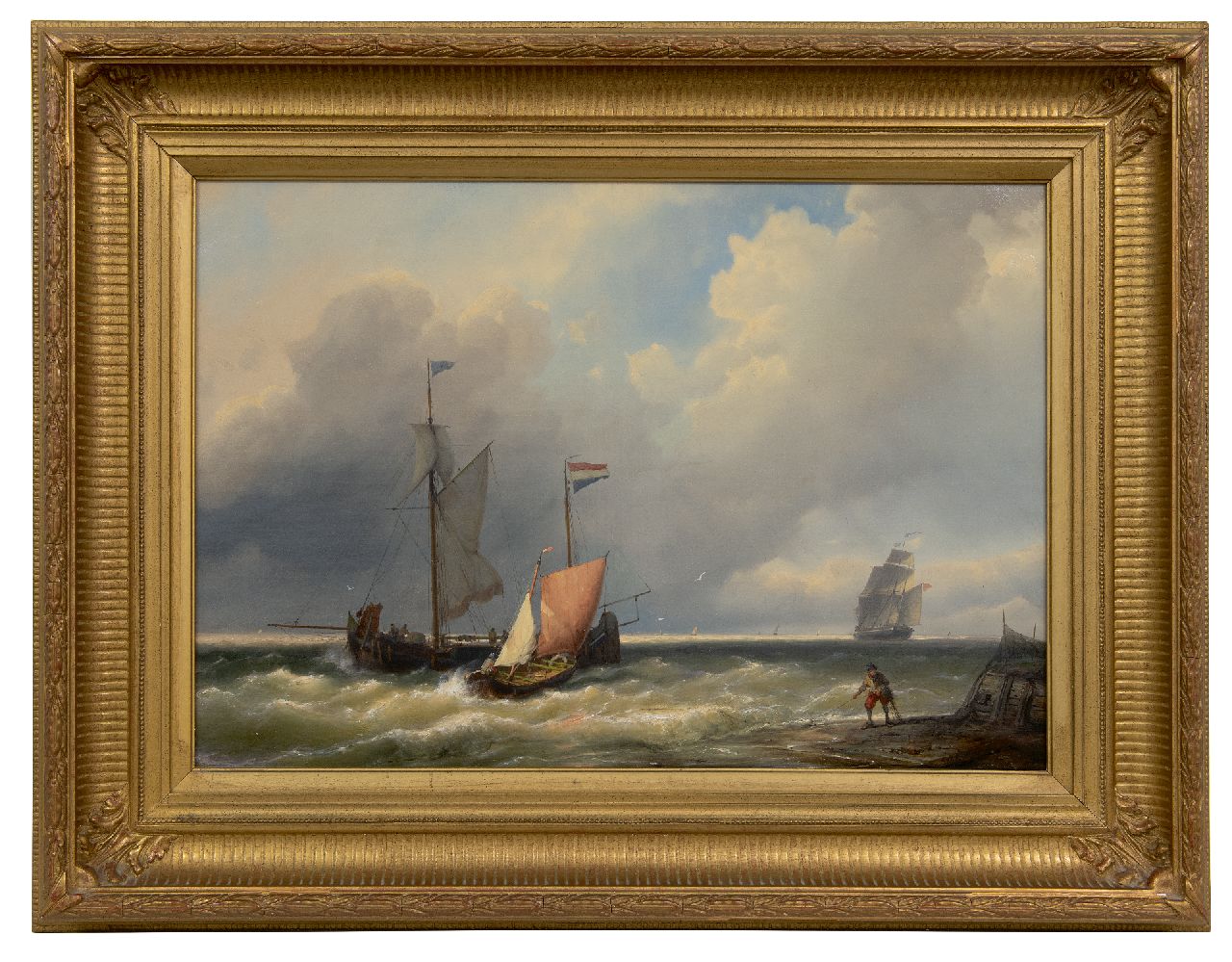 Koekkoek J.H.B.  | Johannes Hermanus Barend 'Jan H.B.' Koekkoek | Schilderijen te koop aangeboden | Schepen voor de kust in een stevige bries, olieverf op doek 41,5 x 59,2 cm, gesigneerd rechtsonder
