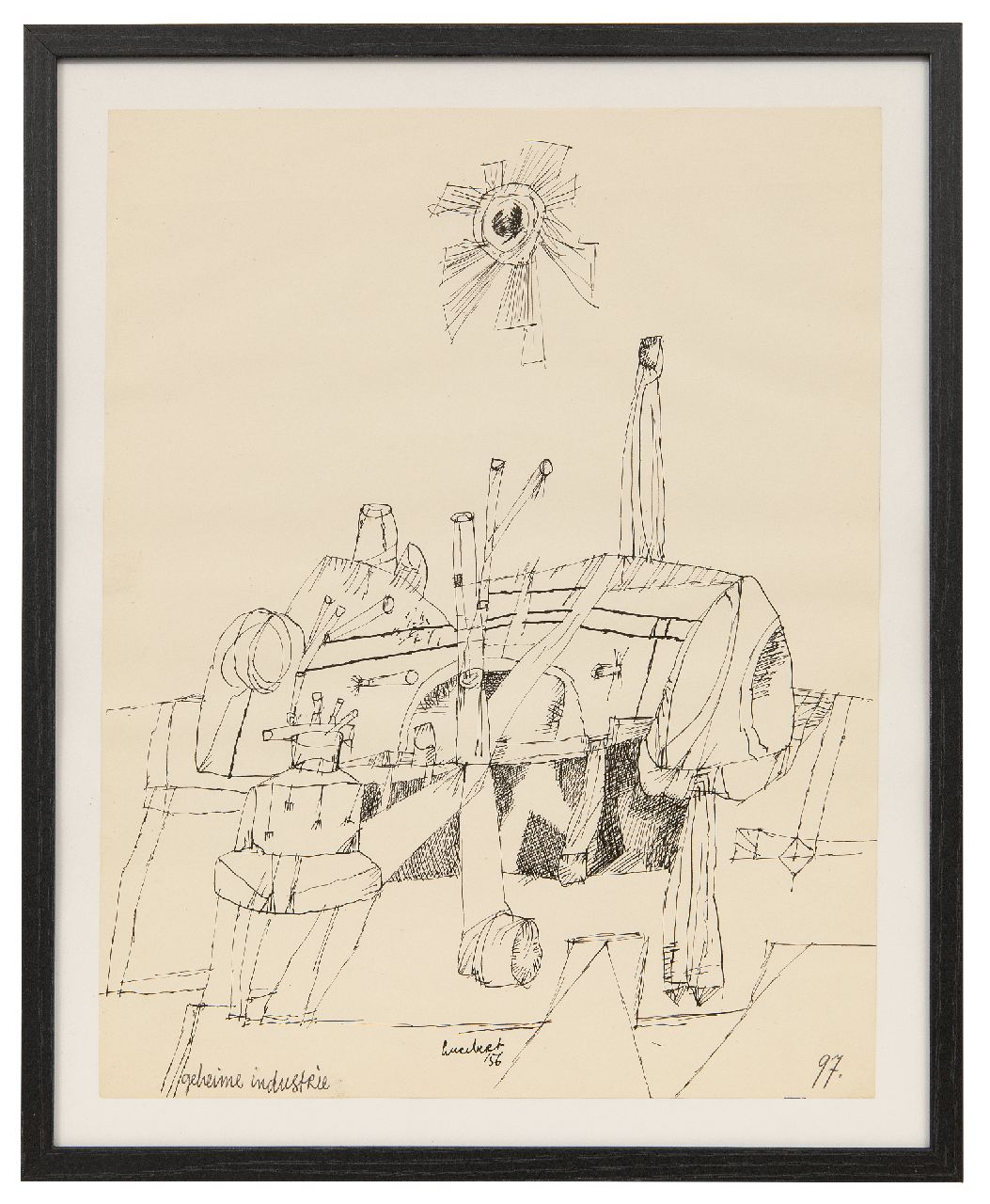 Lucebert (Lubertus Jacobus Swaanswijk)   | Lucebert (Lubertus Jacobus Swaanswijk) | Aquarellen en tekeningen te koop aangeboden | Geheime industrie, pen en inkt op papier 26,9 x 20,9 cm, gesigneerd middenonder en gedateerd '56, zonder lijst