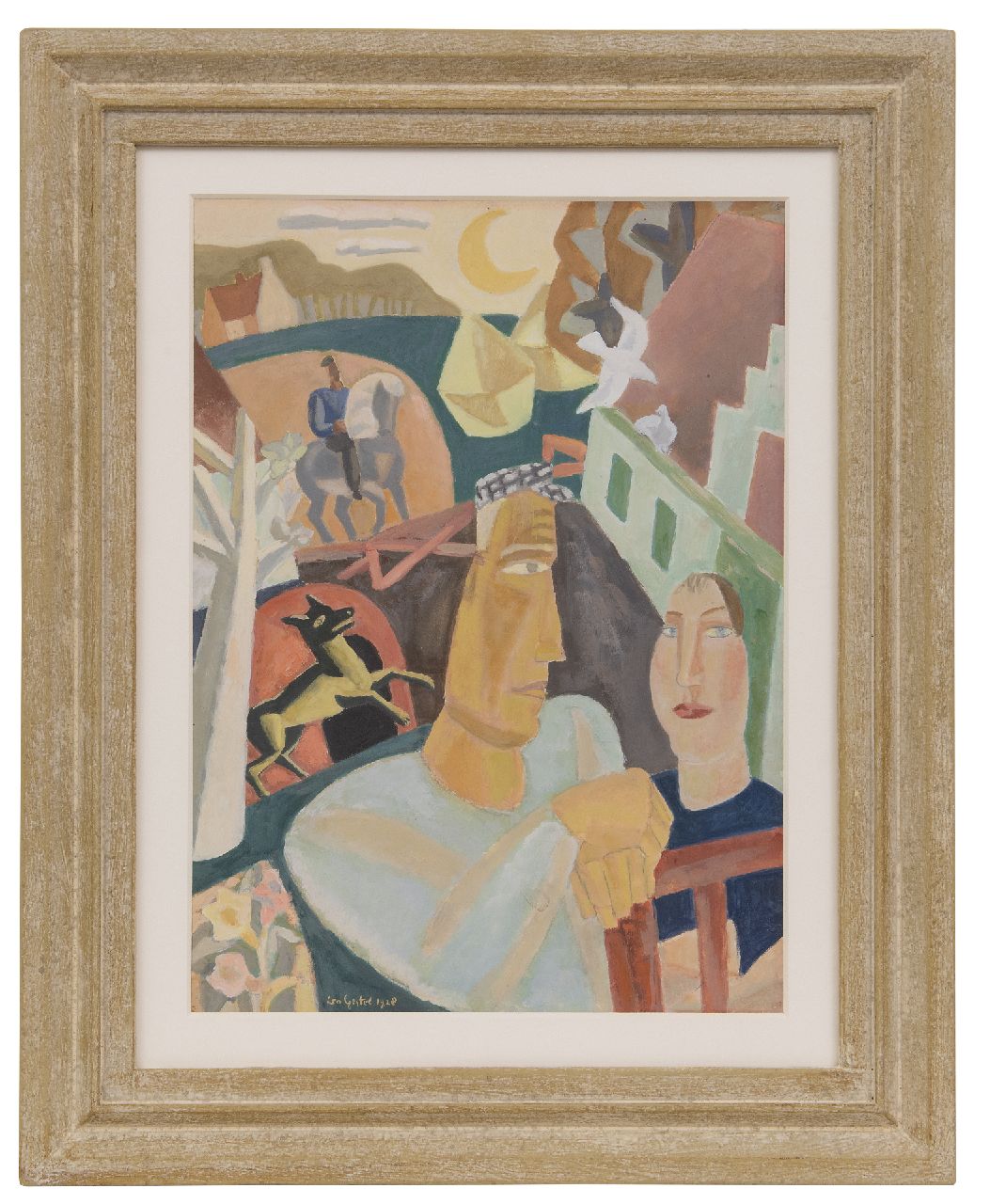 Gestel L.  | Leendert 'Leo' Gestel, Man en vrouw met op de achtergrond een ruiter, gouache op papier 37,2 x 27,0 cm, gesigneerd linksonder en gedateerd 1928