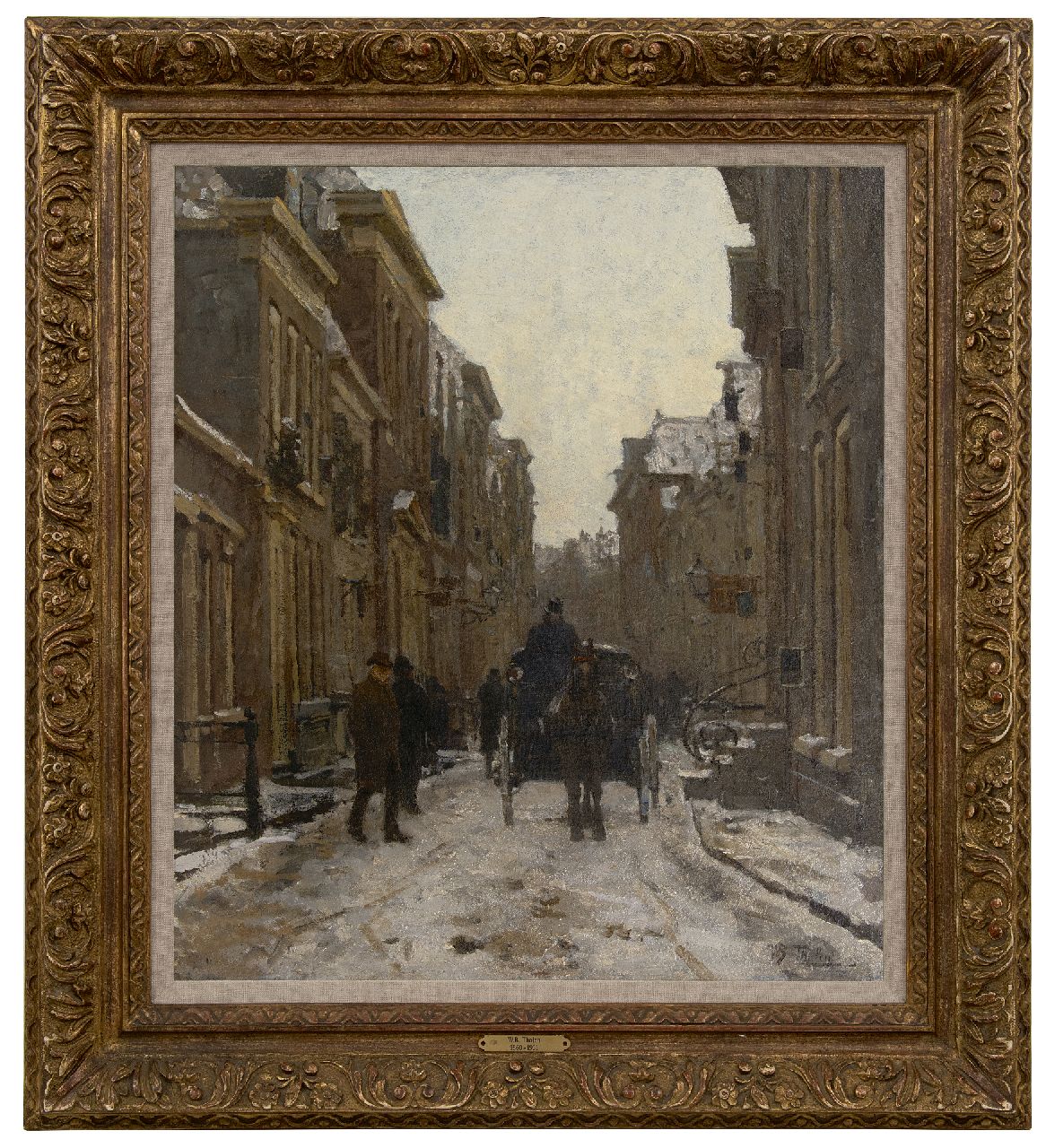 Tholen W.B.  | Willem Bastiaan Tholen | Schilderijen te koop aangeboden | Koets in besneeuwde straat in Voorburg, olieverf op doek op paneel 64,1 x 56,3 cm, gesigneerd rechtsonder en te dateren ca. 1889