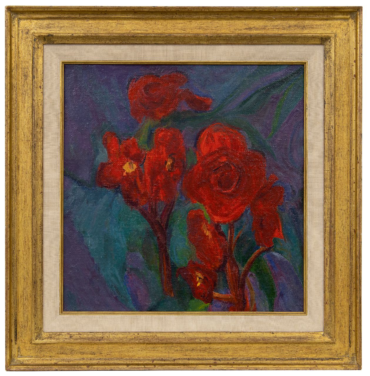 Dijkstra J.  | Johannes 'Johan' Dijkstra | Schilderijen te koop aangeboden | Rode bloemen, olieverf op doek 36,0 x 35,8 cm, gesigneerd op spieraam