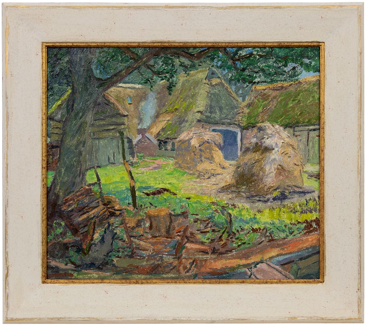 Vries J. de | Jannes de Vries, Boerenerf met hooischelven, olieverf op doek 60,4 x 70,8 cm, gesigneerd verso met monogram