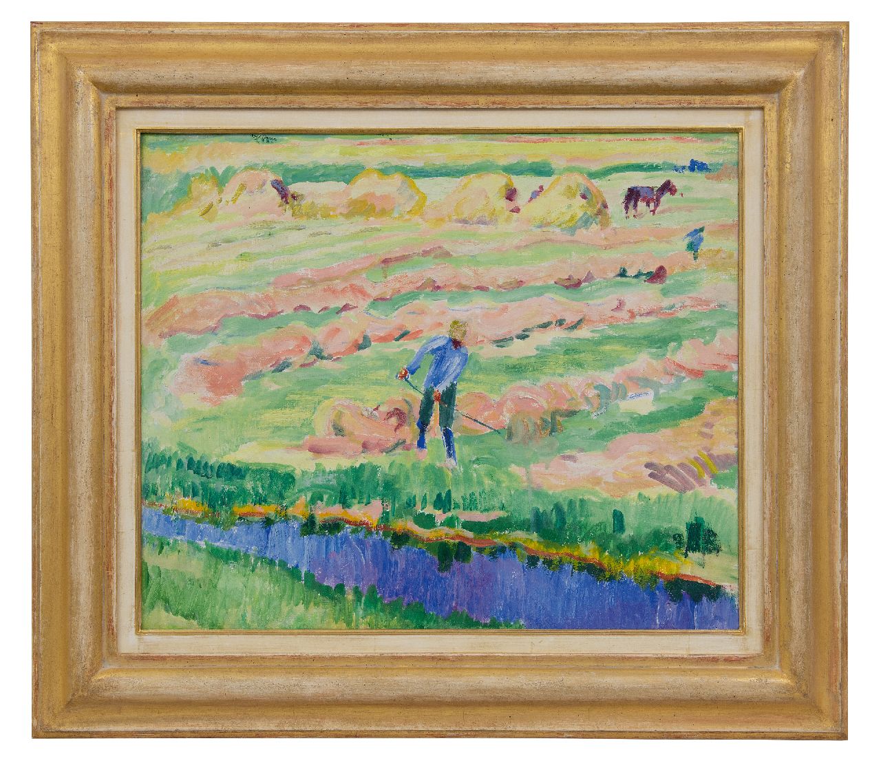 Altink J.  | Jan Altink | Schilderijen te koop aangeboden | Gronings landschap met hooiende boer, olieverf op doek 50,3 x 60,2 cm