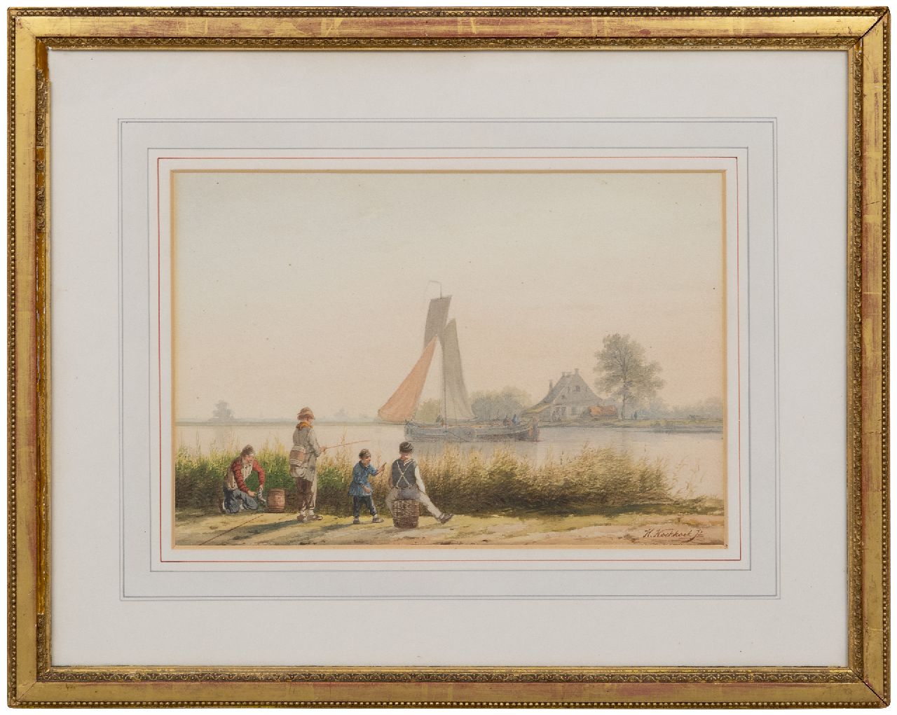 Koekkoek jr. H.  | Hermanus Koekkoek jr. | Aquarellen en tekeningen te koop aangeboden | Vissende kinderen langs een rivieroever, aquarel op papier 22,0 x 32,0 cm, gesigneerd rechtsonder