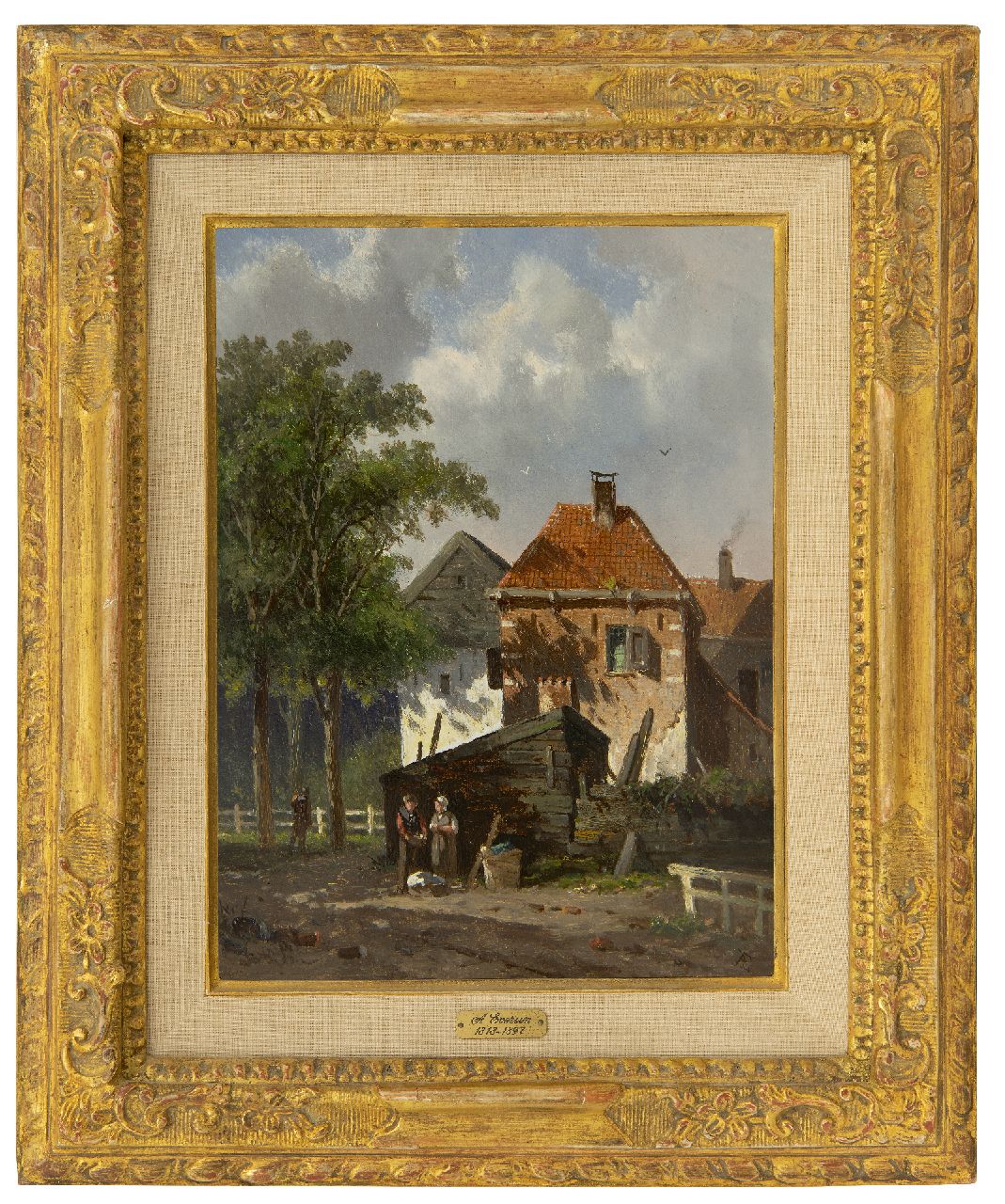 Eversen A.  | Adrianus Eversen, Zonnig dorpsgezicht, olieverf op paneel 27,0 x 20,0 cm, gesigneerd rechtsonder met monogram