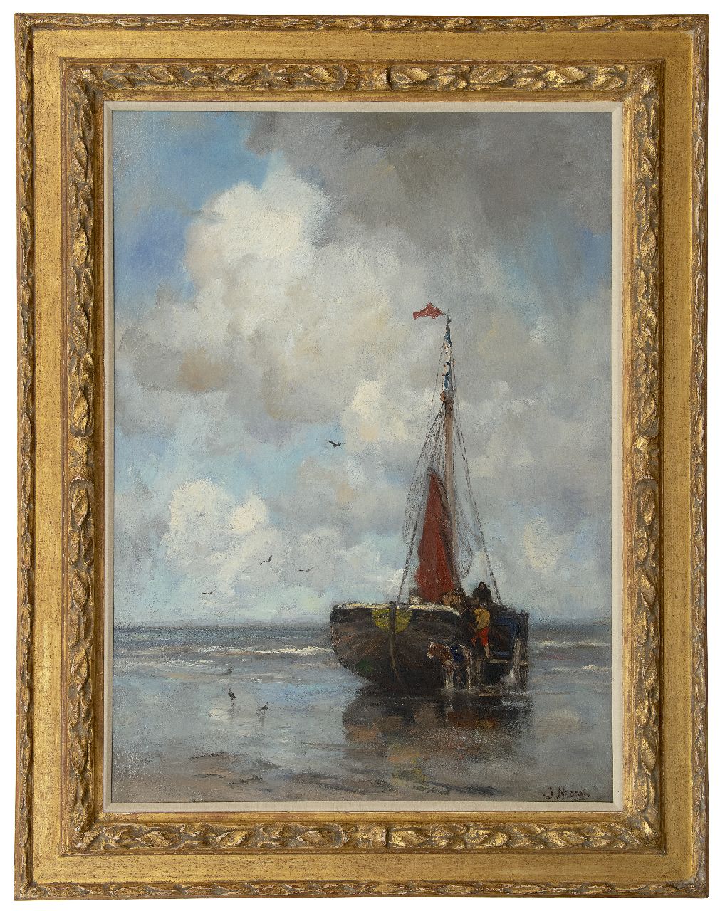 Maris J.H.  | Jacobus Hendricus 'Jacob' Maris, Bomschuit voor anker op het Scheveningse strand, olieverf op doek 104,8 x 77,5 cm, gesigneerd rechtsonder en te dateren ca. 1878