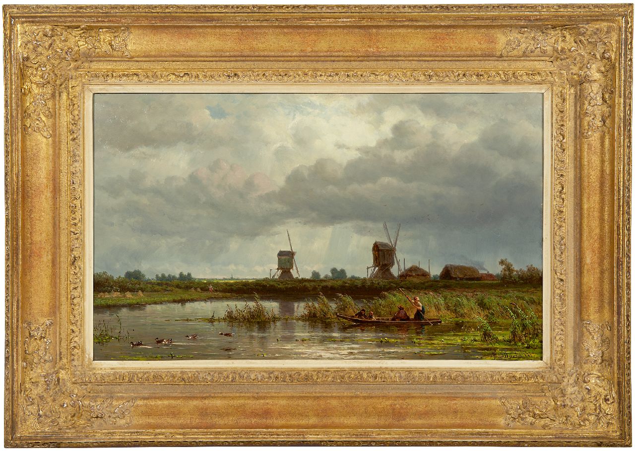 Borselen J.W. van | Jan Willem van Borselen | Schilderijen te koop aangeboden | Waterrijk zomerlandschap met gezelschap in een bootje, olieverf op paneel 33,3 x 55,4 cm, gesigneerd rechtsonder en gedateerd '62