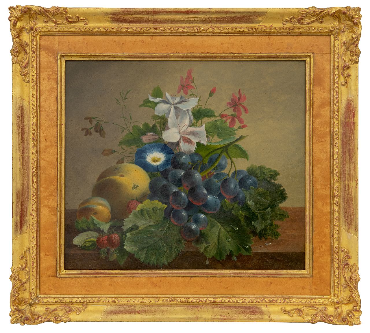 Stok J. van der | Jacoba van der Stok, Stilleven met bloemen en fruit op een plint, olieverf op paneel 26,2 x 30,1 cm, gesigneerd rechtsonder en gedateerd 1840