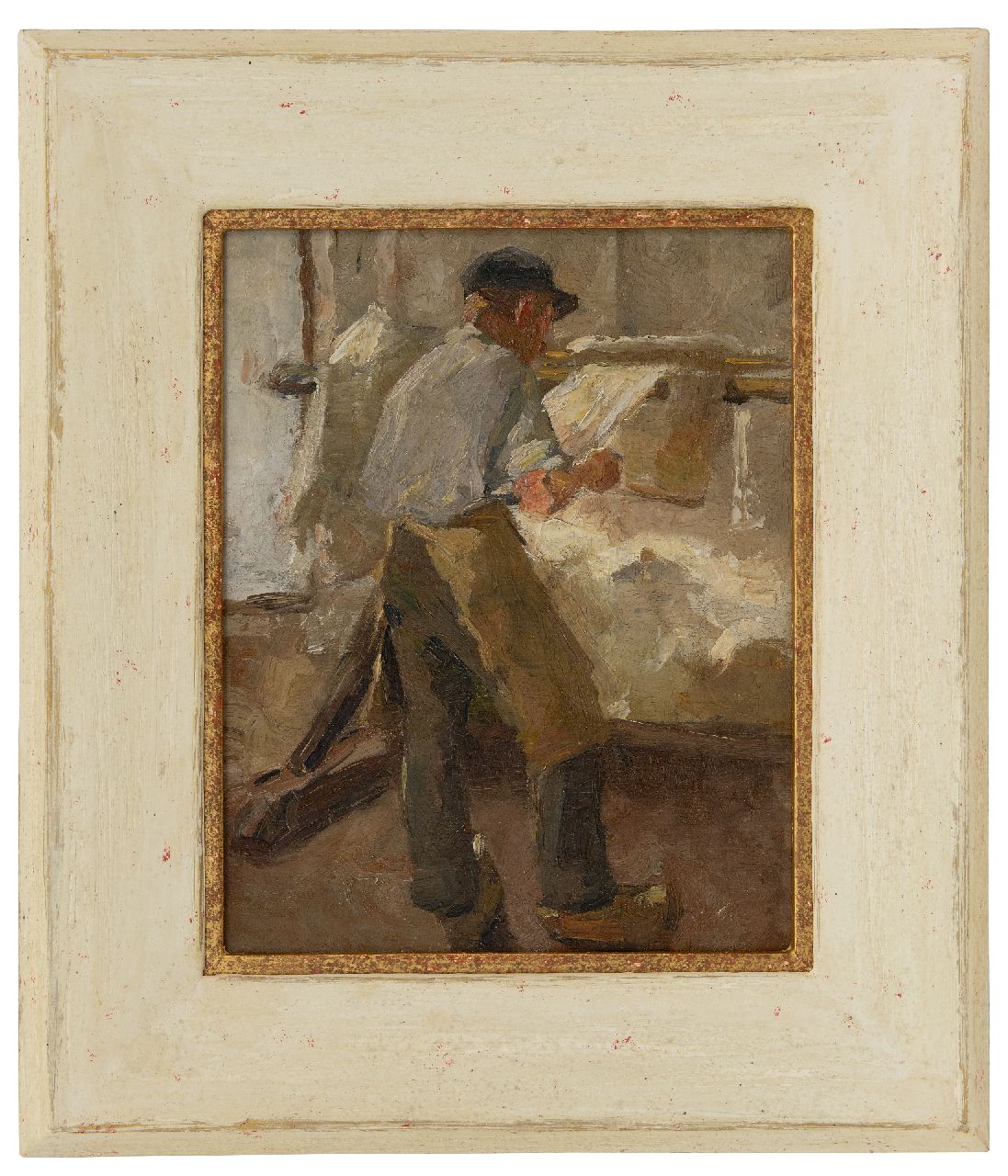 Rappard A.G.A. van | 'Anthon' Gerhard Alexander van Rappard | Schilderijen te koop aangeboden | Jonge arbeider aan een spanbok, olieverf op doek 33,1 x 26,3 cm, te dateren ca. 1890-1891