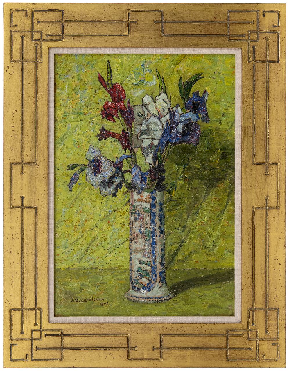 Zandleven J.A.  | Jan Adam Zandleven, Gladiolen in een geglazuurde vaas, olieverf op doek 50,2 x 35,5 cm, gesigneerd linksonder en gedateerd 1914