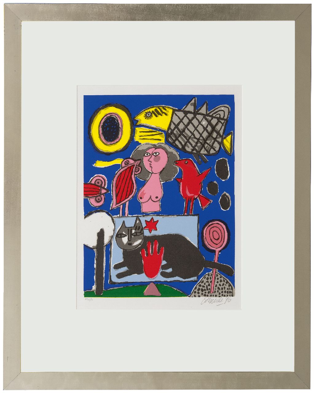 Corneille ('Corneille' Guillaume Beverloo)   | Corneille ('Corneille' Guillaume Beverloo) | Grafiek te koop aangeboden | Compositie met zwarte kat, roze vrouw en vogels, litho op papier 47,6 x 35,7 cm, gesigneerd rechtsonder (in potlood) en gedateerd '96 (in potlood)