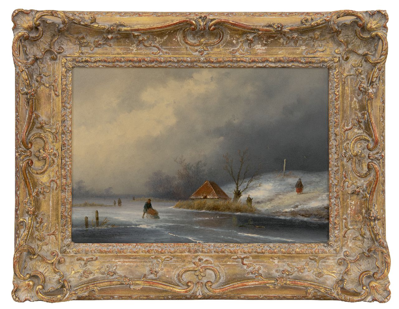 Hoppenbrouwers J.F.  | Johannes Franciscus Hoppenbrouwers | Schilderijen te koop aangeboden | Figuren op het ijs bij naderende sneeuwstorm, olieverf op paneel 22,3 x 31,5 cm, gesigneerd linksonder