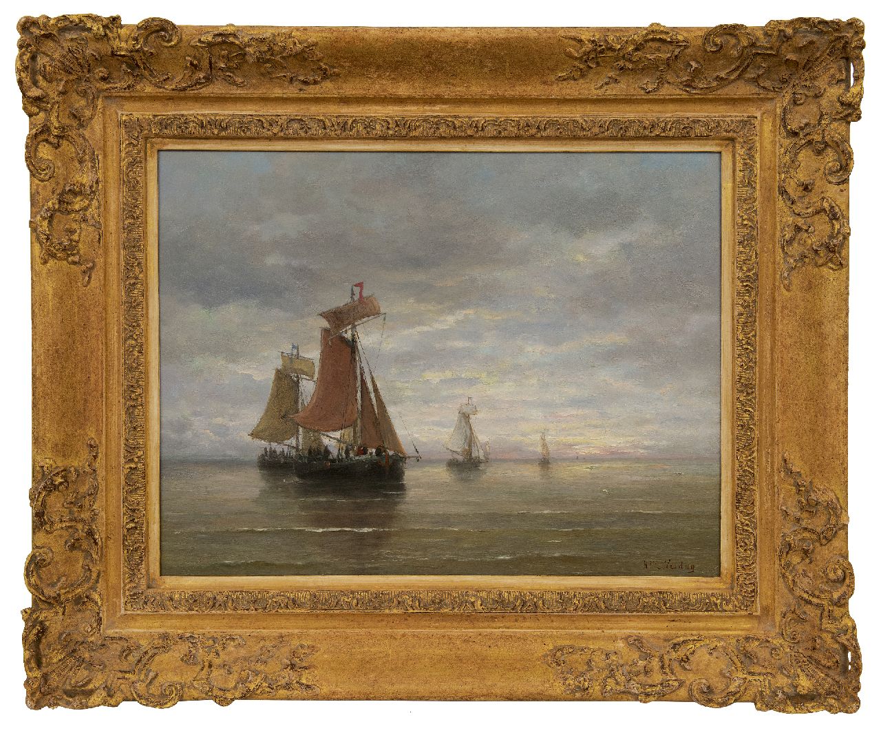 Mesdag H.W.  | Hendrik Willem Mesdag | Schilderijen te koop aangeboden | Bomschuiten op kalme zee, olieverf op paneel 39,5 x 51,0 cm, gesigneerd rechtsonder