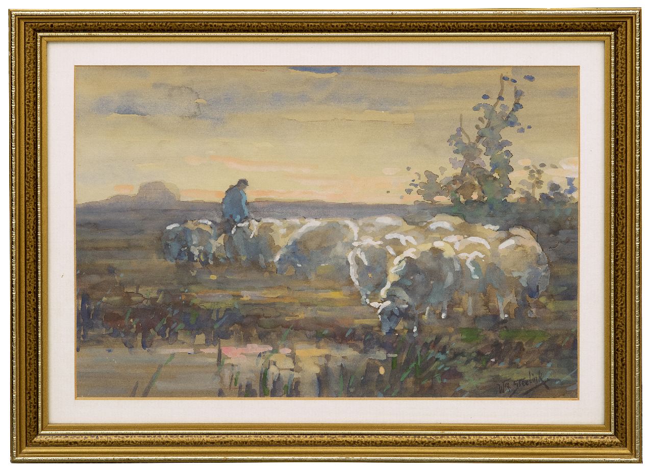 Steelink jr. W.  | Willem Steelink jr. | Aquarellen en tekeningen te koop aangeboden | Herder met schapen, aquarel op papier 28,0 x 41,0 cm, gesigneerd rechtsonder