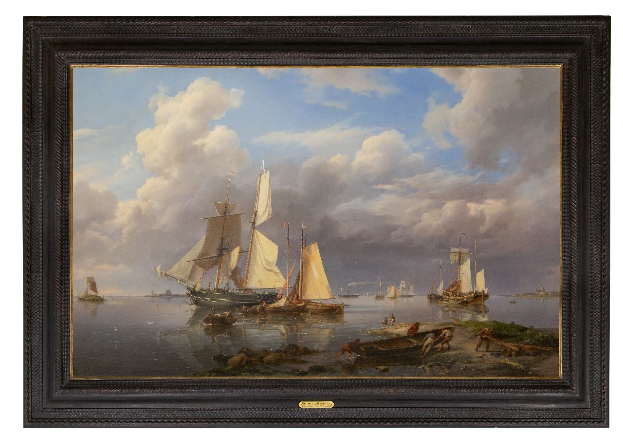 Koekkoek H.  | Hermanus Koekkoek | Schilderijen te koop aangeboden | Schepen voor anker voor de kust, bij kalm weer, olieverf op doek 102,5 x 160,0 cm, gesigneerd rechtsonder en gedateerd 1841