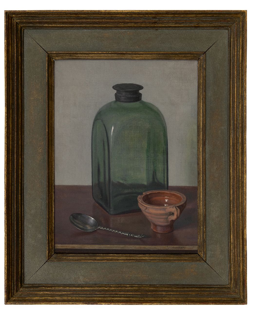 IJkelenstam H.  | Hendrikus IJkelenstam, Stilleven met glazen fles, olieverf op doek 41,2 x 30,3 cm, gesigneerd rechtsonder