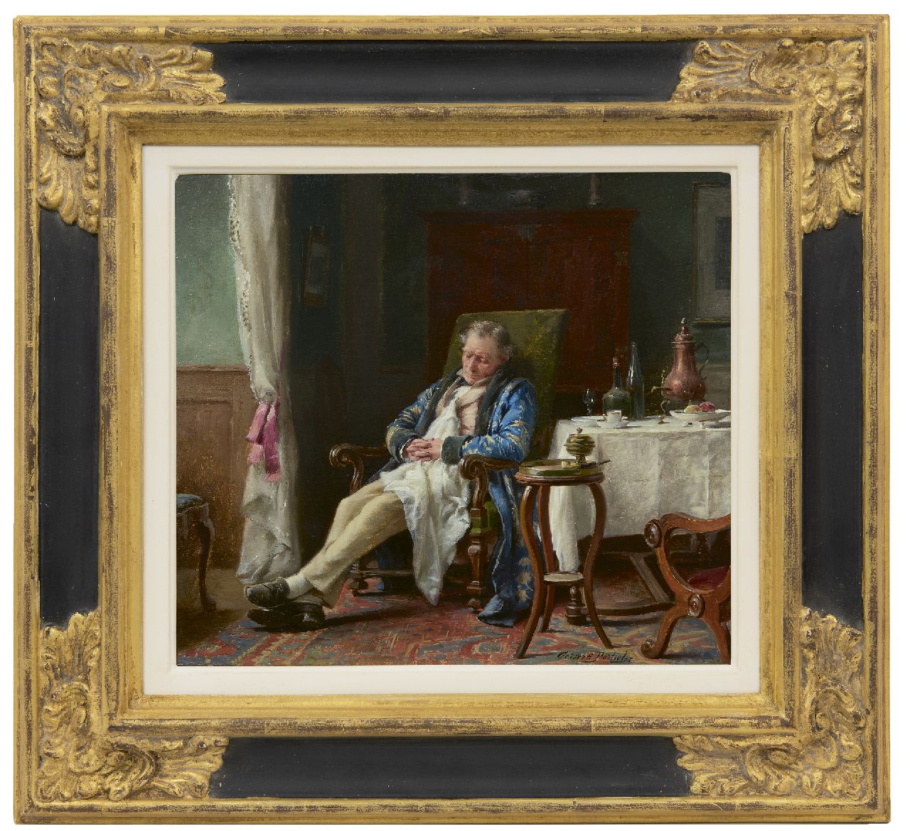 Portielje G.J. | 'Gerard' Joseph Portielje | Schilderijen te koop aangeboden | Een dutje na de maaltijd, olieverf op paneel 24,1 x 27,3 cm, gesigneerd rechtsonder Portielje G.J. | 'Gerard' Joseph Portielje | Schilderijen te koop aangeboden | Een dutje na de maaltijd, olieverf op paneel 24,1 x 27,3 cm, gesigneerd rechtsonder