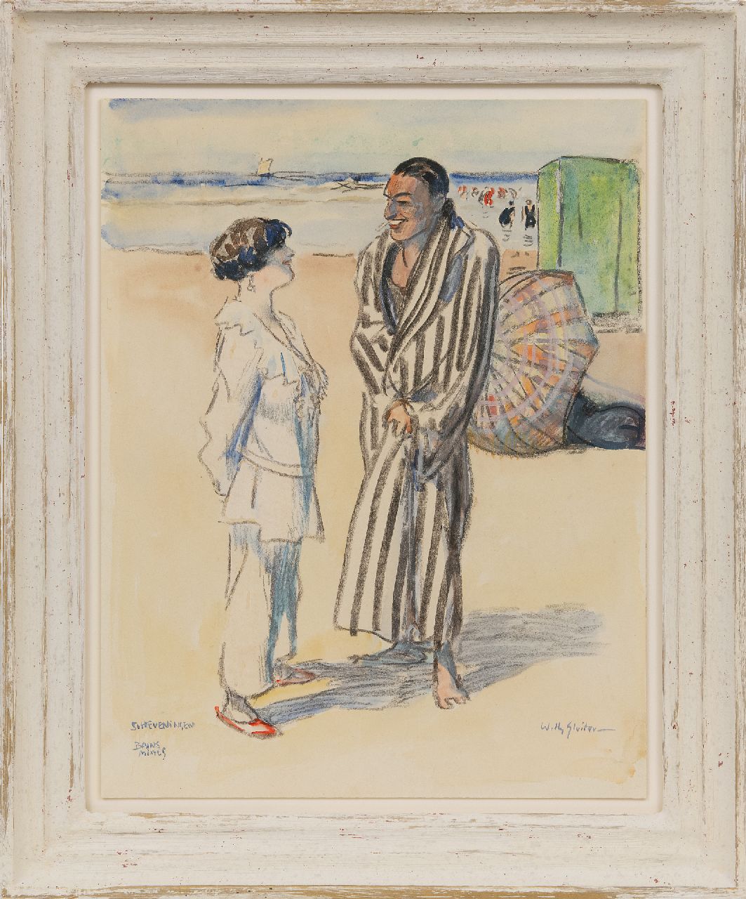 Sluiter J.W.  | Jan Willem 'Willy' Sluiter | Aquarellen en tekeningen te koop aangeboden | Scheveningen, Bains Mixtes, krijt en aquarel op papier op board 47,0 x 36,7 cm, gesigneerd rechtsonder