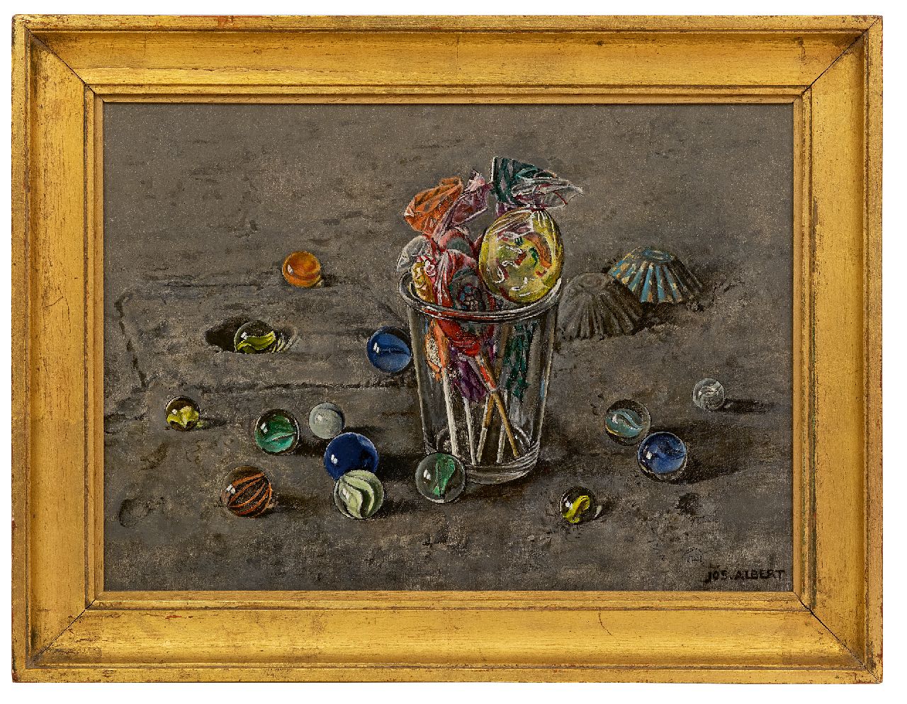 Albert J.P. | Joseph Pierre 'Jos' Albert | Schilderijen te koop aangeboden | Stilleven met snoep en knikkers, olieverf op doek 24,6 x 33,3 cm, gesigneerd rechtsonder Albert J.P. | Joseph Pierre 'Jos' Albert | Schilderijen te koop aangeboden | Stilleven met snoep en knikkers, olieverf op doek 24,6 x 33,3 cm, gesigneerd rechtsonder