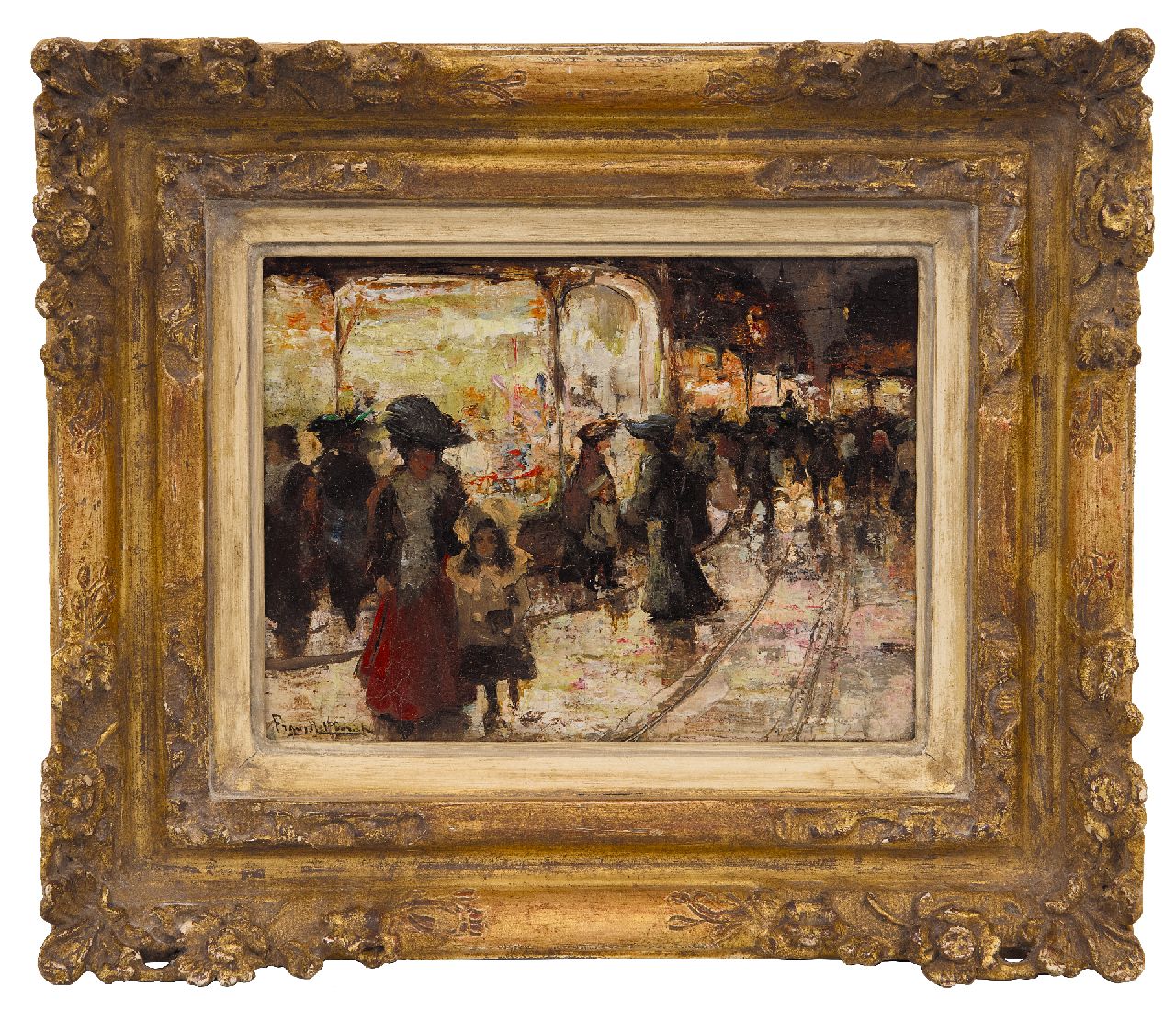 Helfferich F.W.  | Franciscus Willem 'Frans' Helfferich, Winkelen bij avond, Den Haag, olieverf op paneel 12,0 x 16,0 cm, gesigneerd linksonder