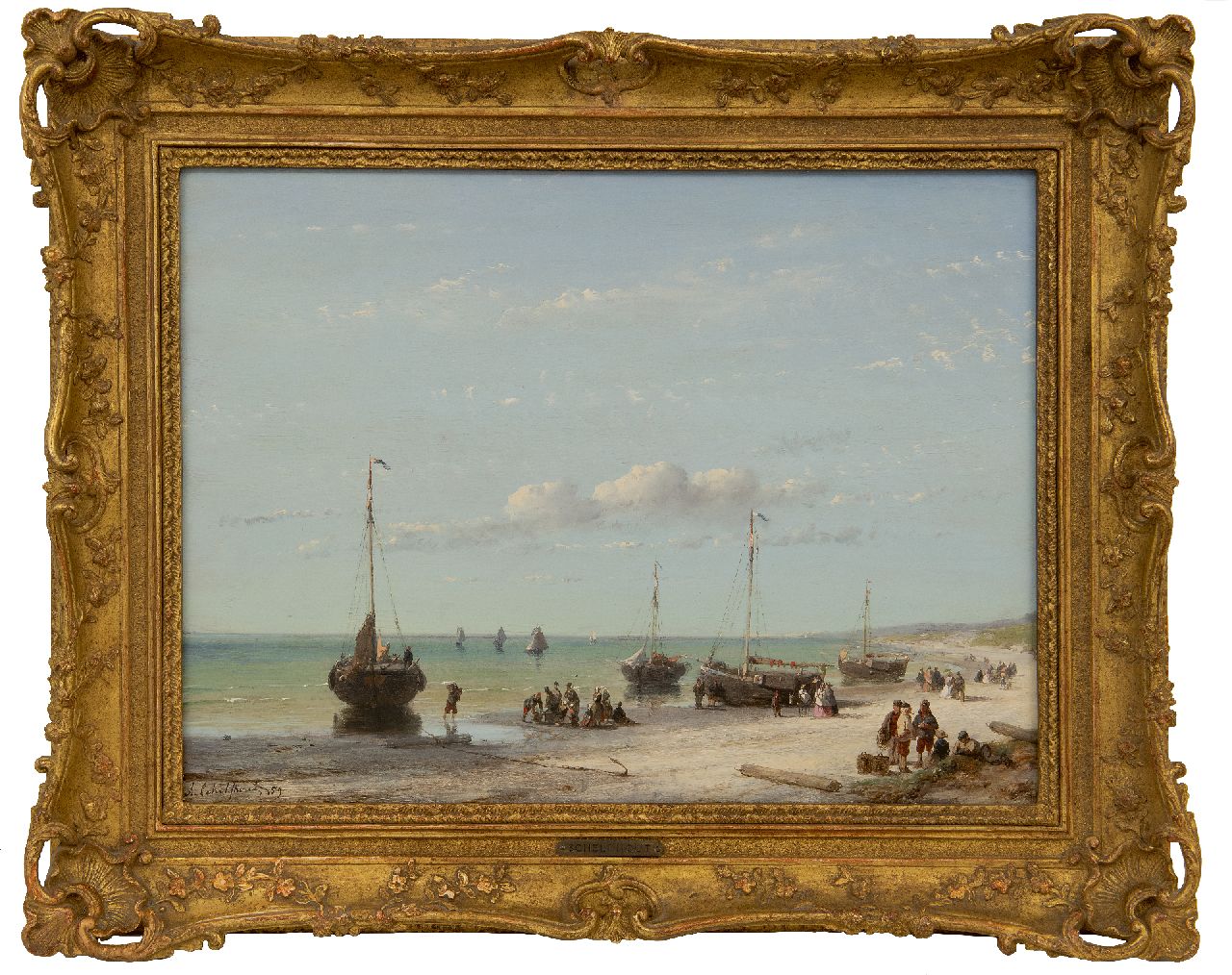 Schelfhout A.  | Andreas Schelfhout | Schilderijen te koop aangeboden | Strandgezicht met schepen, vissers en elegante wandelaars, olieverf op paneel 32,1 x 43,0 cm, gesigneerd linksonder en gedateerd '59