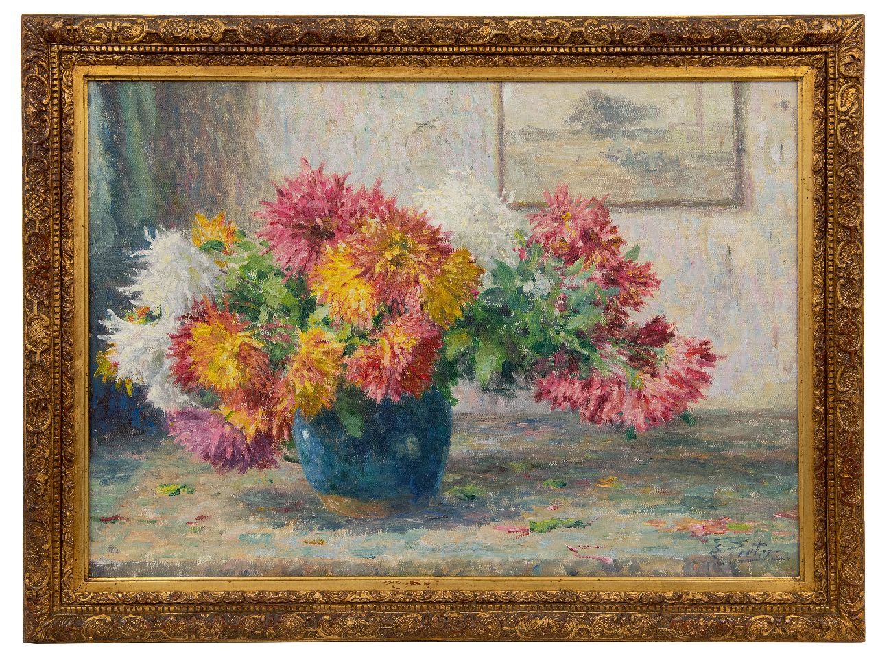 Pieters E.  | Evert Pieters | Schilderijen te koop aangeboden | Gemberpot met asters, olieverf op doek 50,1 x 71,1 cm, gesigneerd rechtsonder